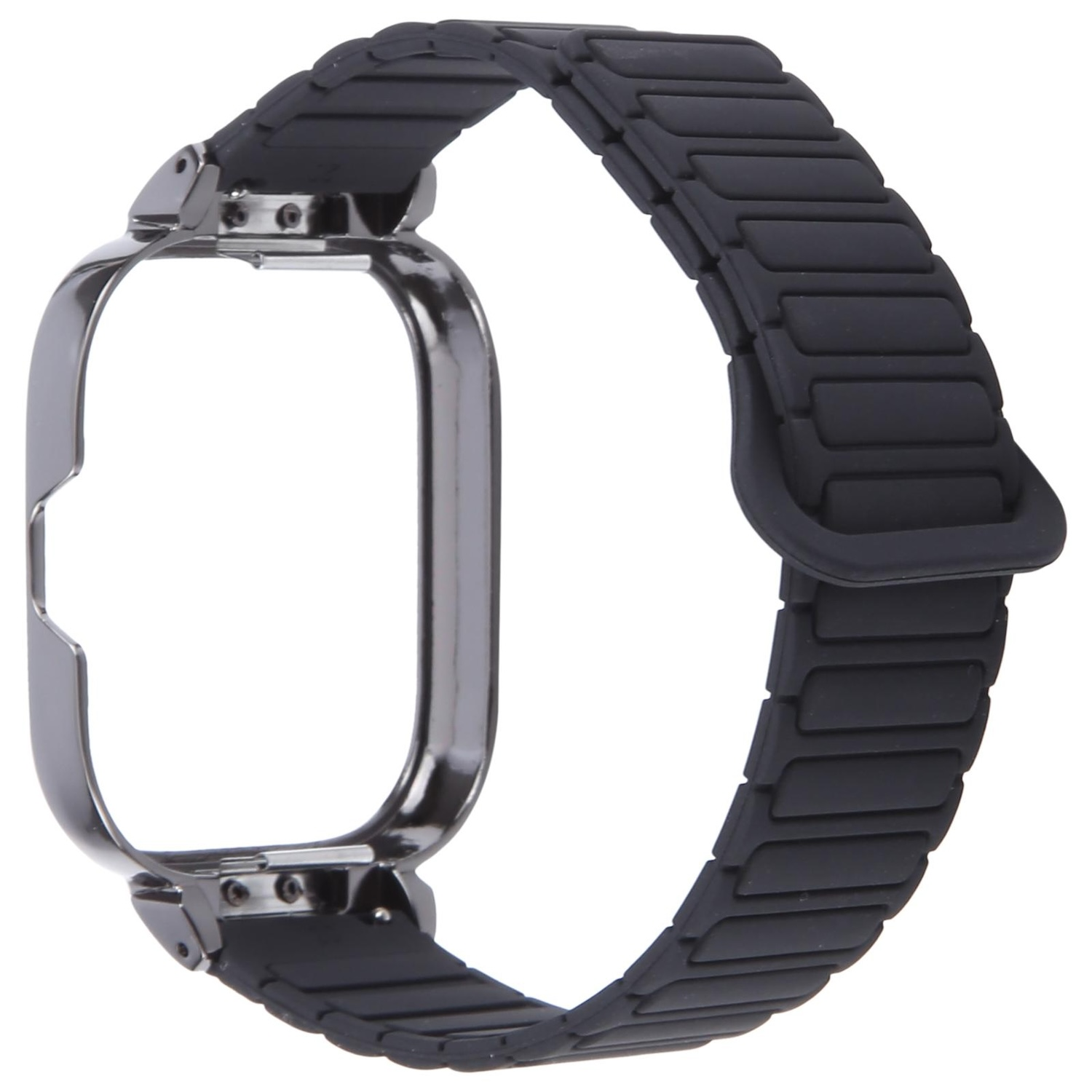 Schwarzes Uhrenarmband mit Metallrahmen. Isoliert auf Weiß. Magnetverschluss.