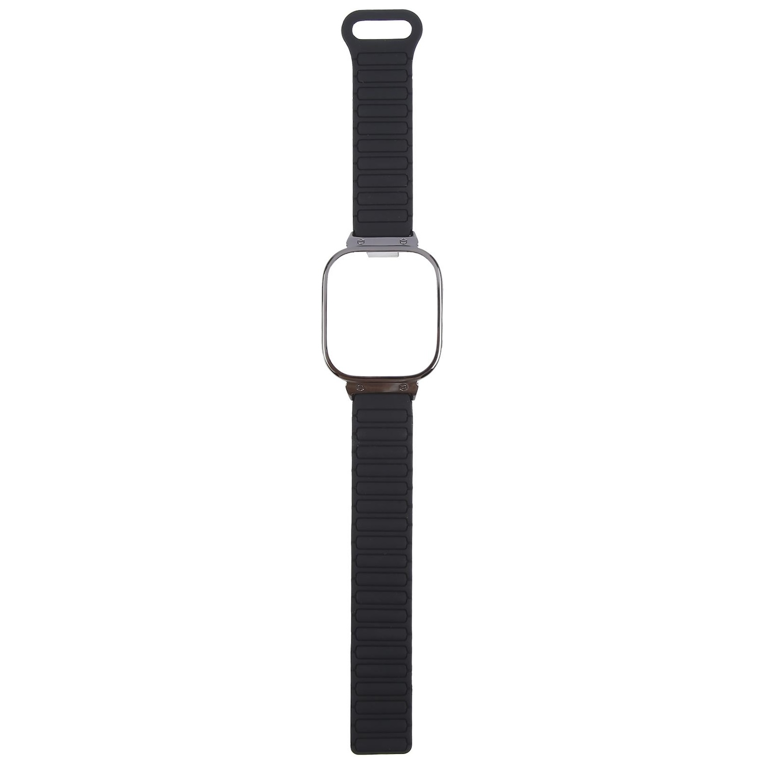 Ein schwarzes Armband mit einem silbernen quadratischen Zifferblatt.