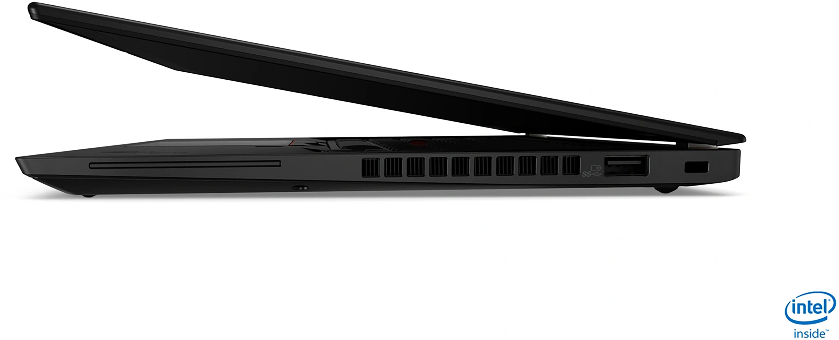 Black laptop, side view, open. The lid is open. Intel inside logo. White background.