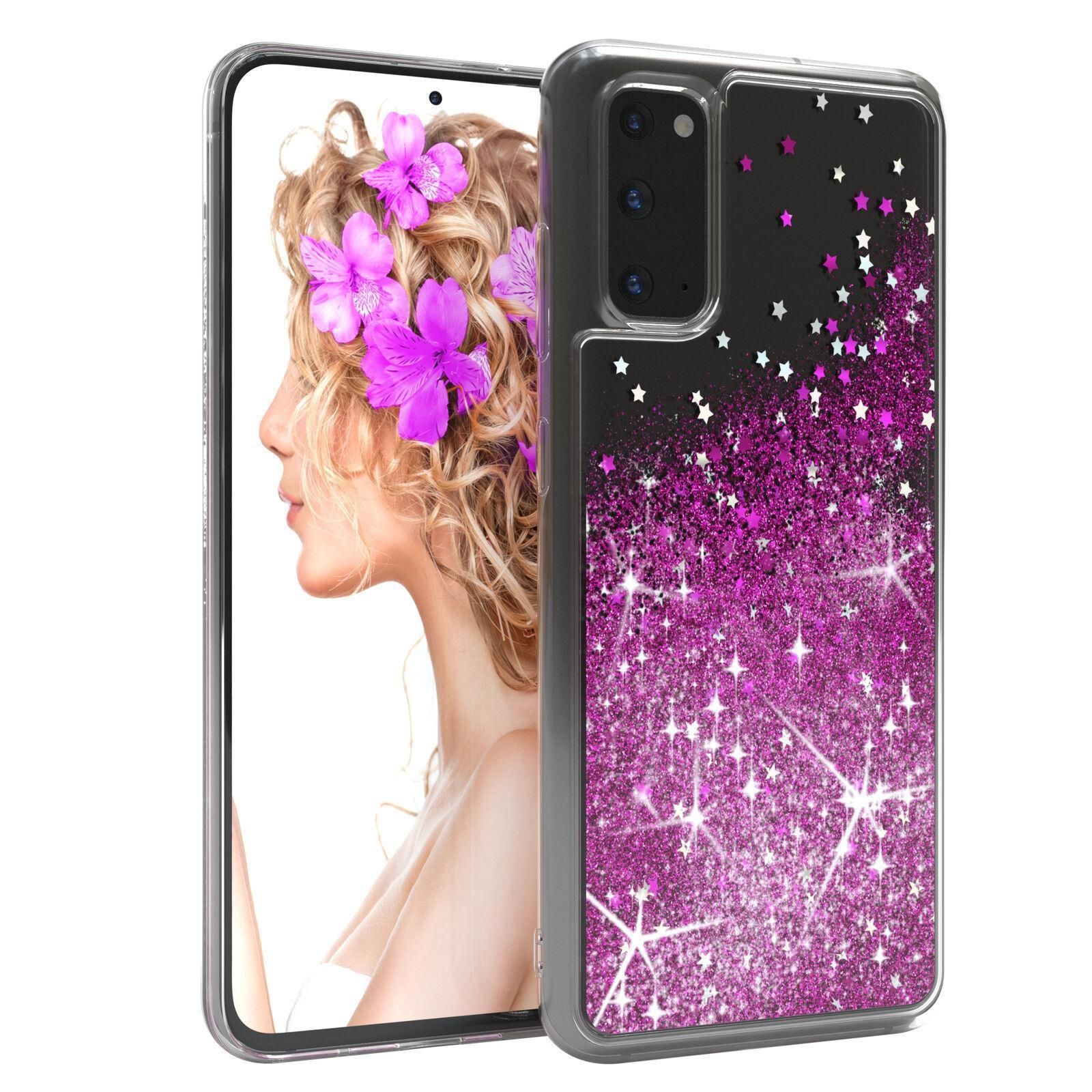 Ein Telefon in einer Hülle mit Frauengesicht und Blumen. Die Hülle hat rosa Glitzer und Sterne.