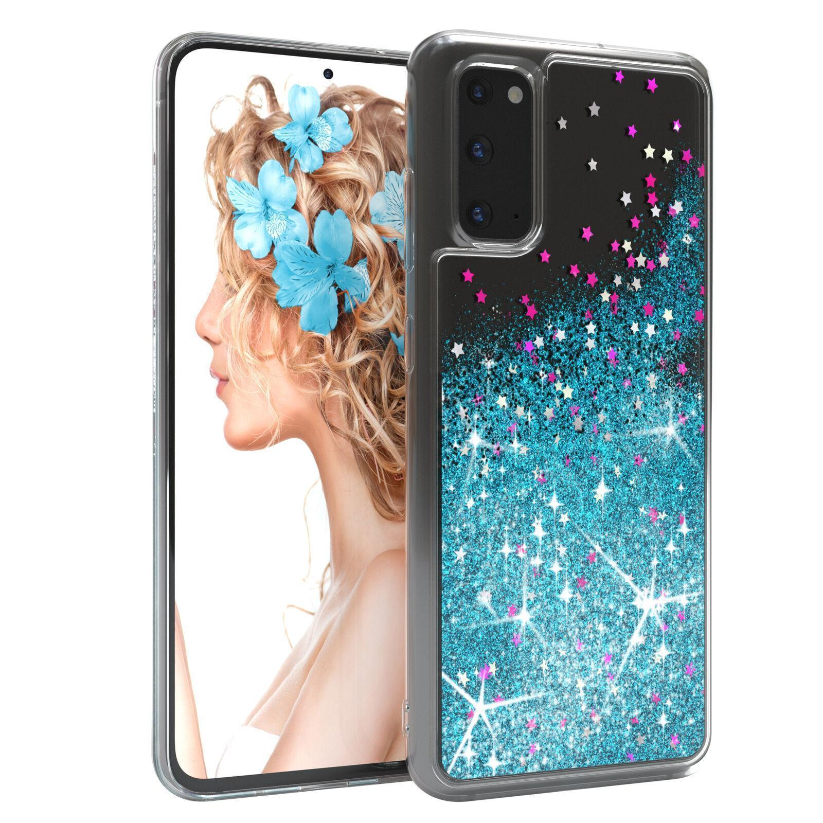 Telefon mit blauen Blumendekorationen in einer glitzernden Hülle, zeigt Frau mit Blumen im Haar.