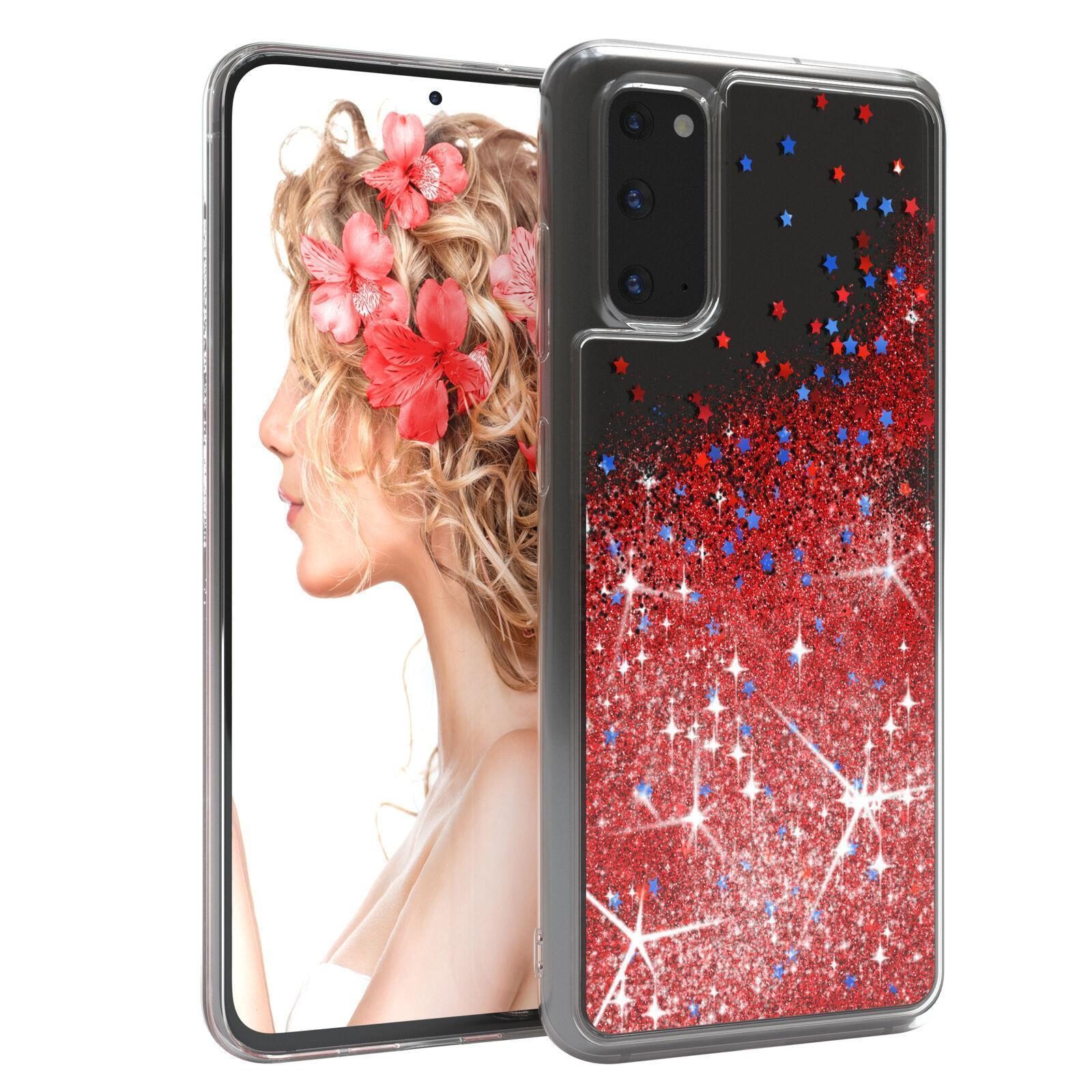 Telefon mit Hülle, die eine Frau und rote, blaue Sterne und Glitzer auf schwarzem Grund zeigt.