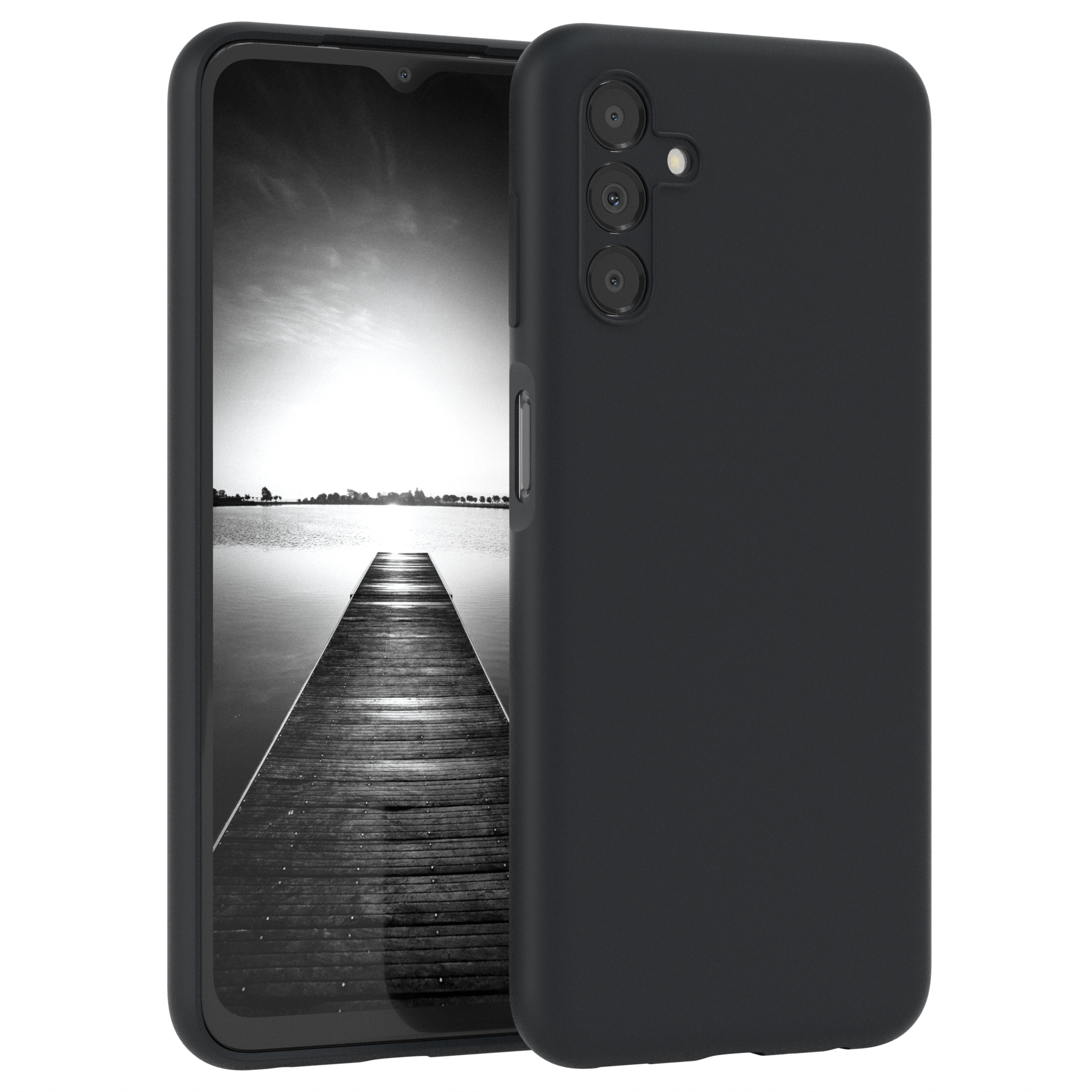 Schwarzes Telefon mit Hülle, Bildschirm an. Schwarze Hülle bedeckt das Telefon, weißer Hintergrund.