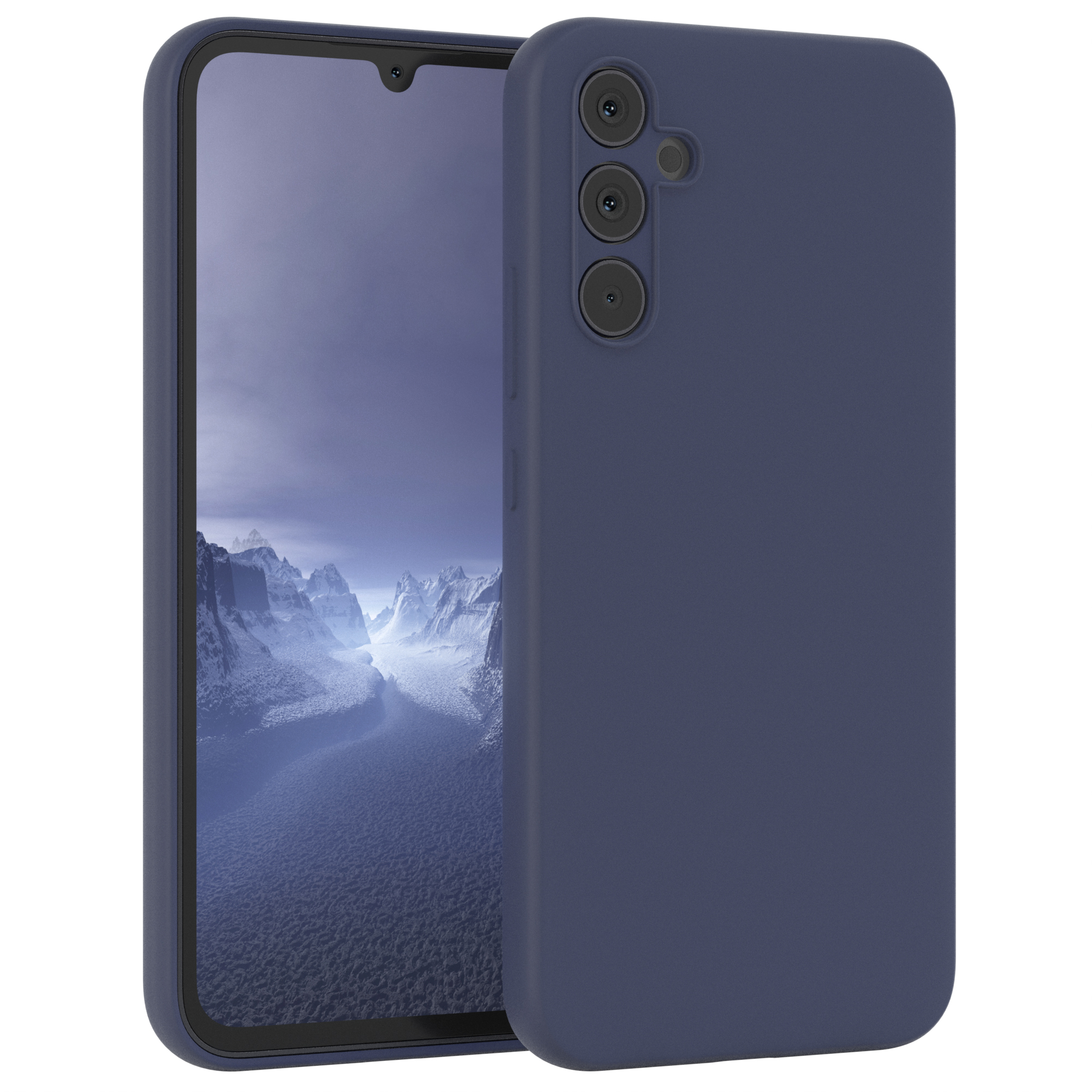 Ein blaues Telefon mit Hülle, das einen dunklen Bildschirm und Kameralinsen zeigt.