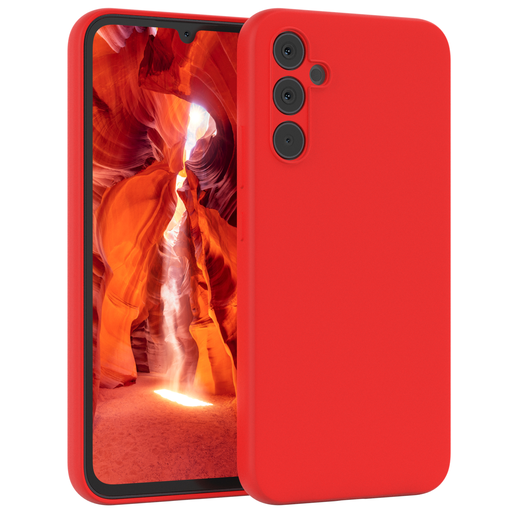 Eine rote Handyhülle mit einem Telefon darin und eine Kamera.