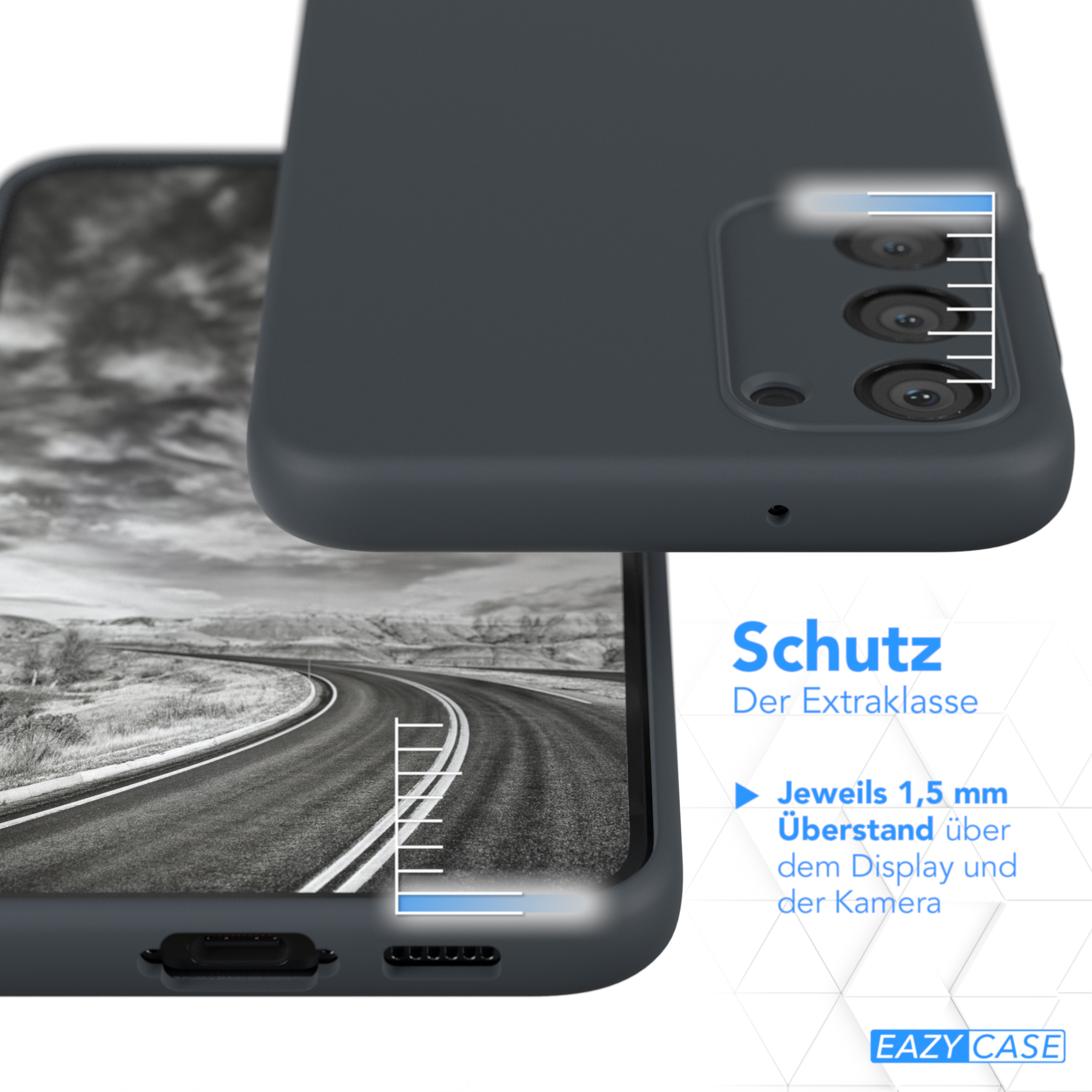Eine dunkelgraue Handyhülle mit einem Telefon darin. Das Design der Hülle.