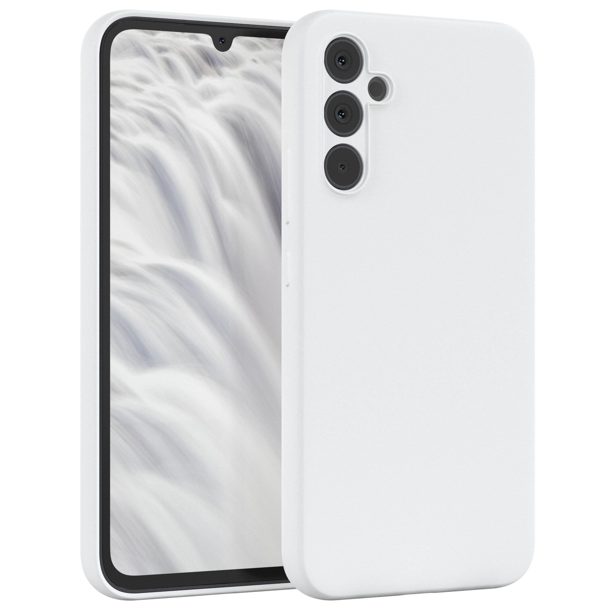 Ein weißes Smartphone mit weißer Hülle, das ein verschwommenes Wasserfallbild anzeigt.