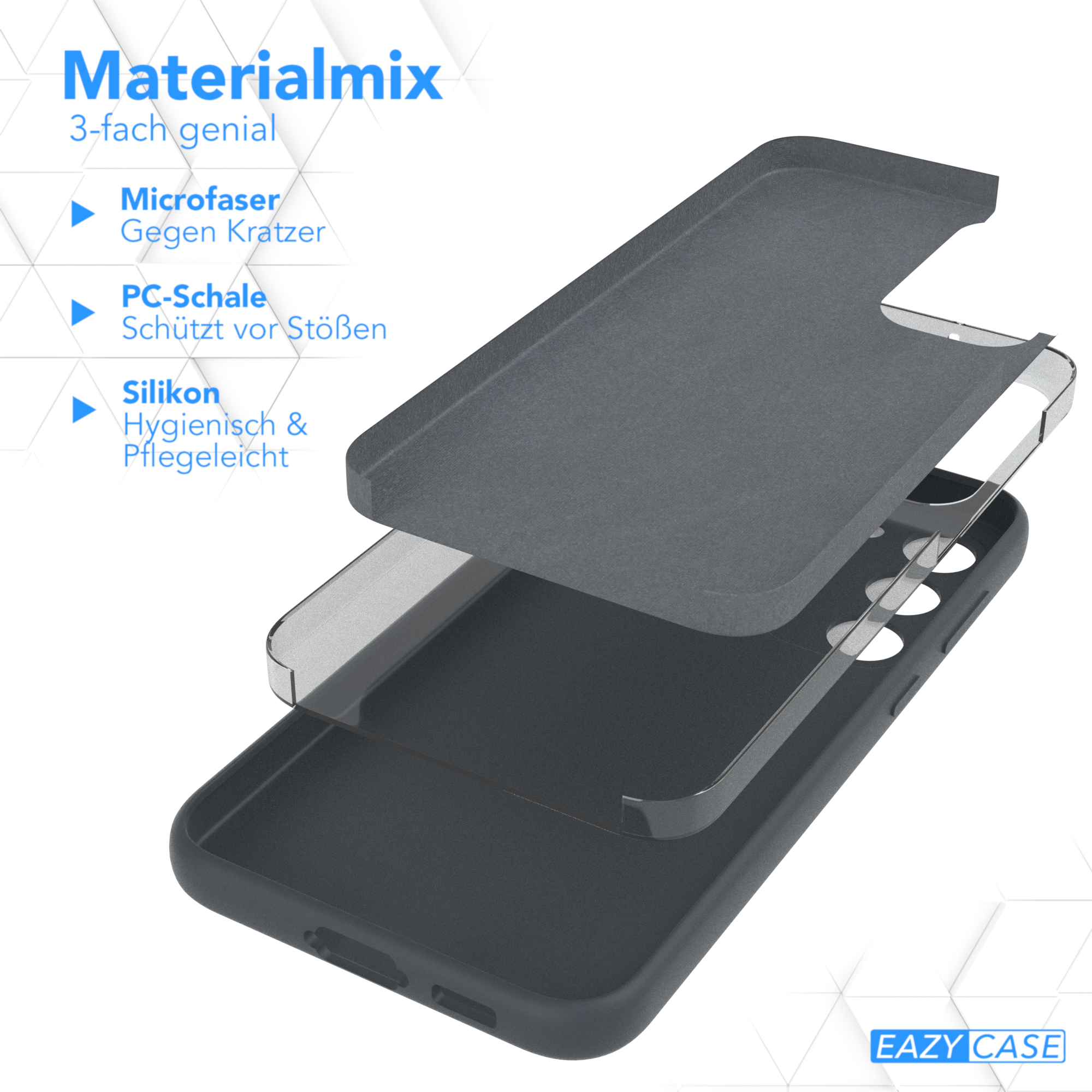 Eine Handyhülle mit drei Schichten: Mikrofaser, PC-Schale und Silikon, die den Materialmix zeigt.