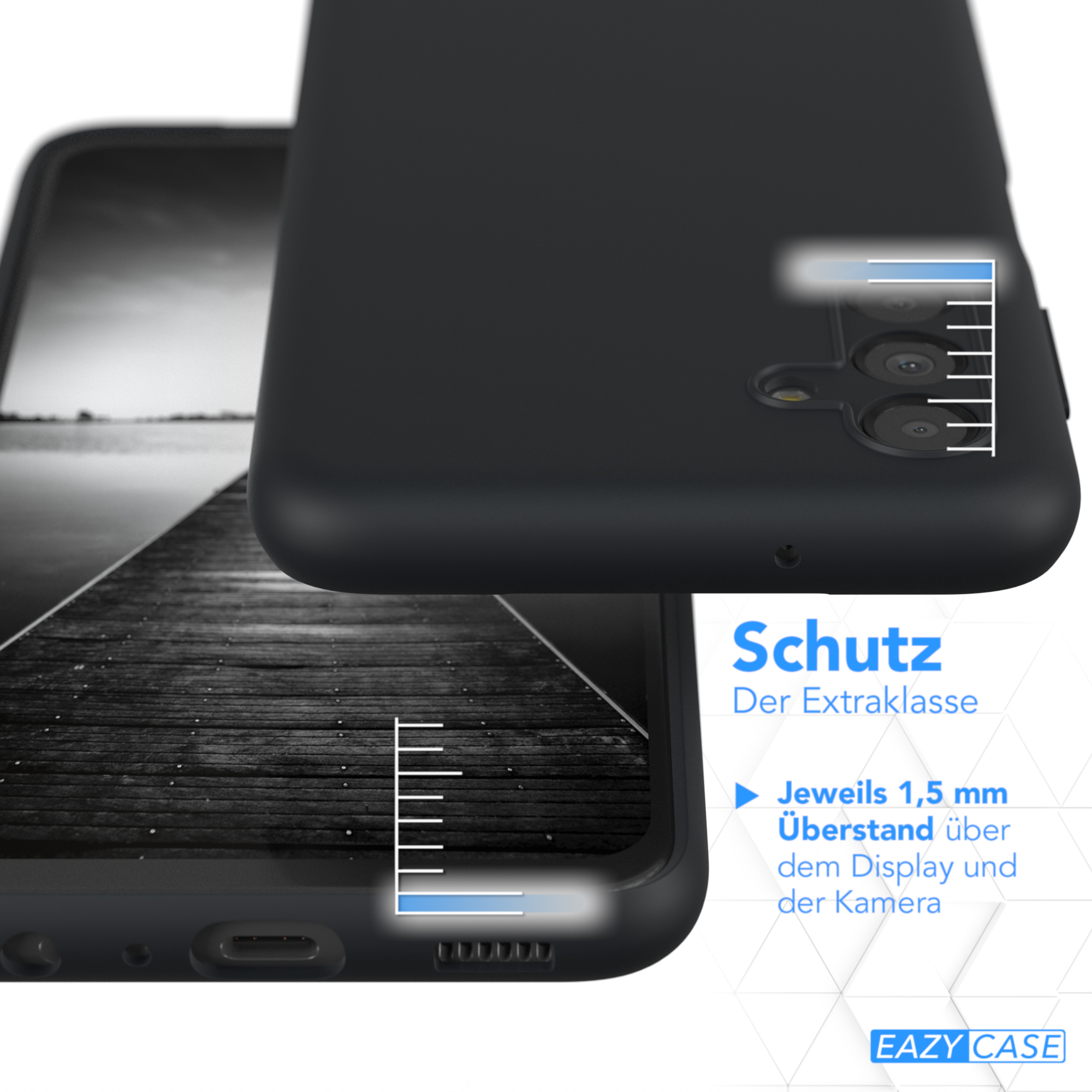 Nahaufnahme einer schwarzen Handyhülle mit Telefon und Text, der Schutz angibt.