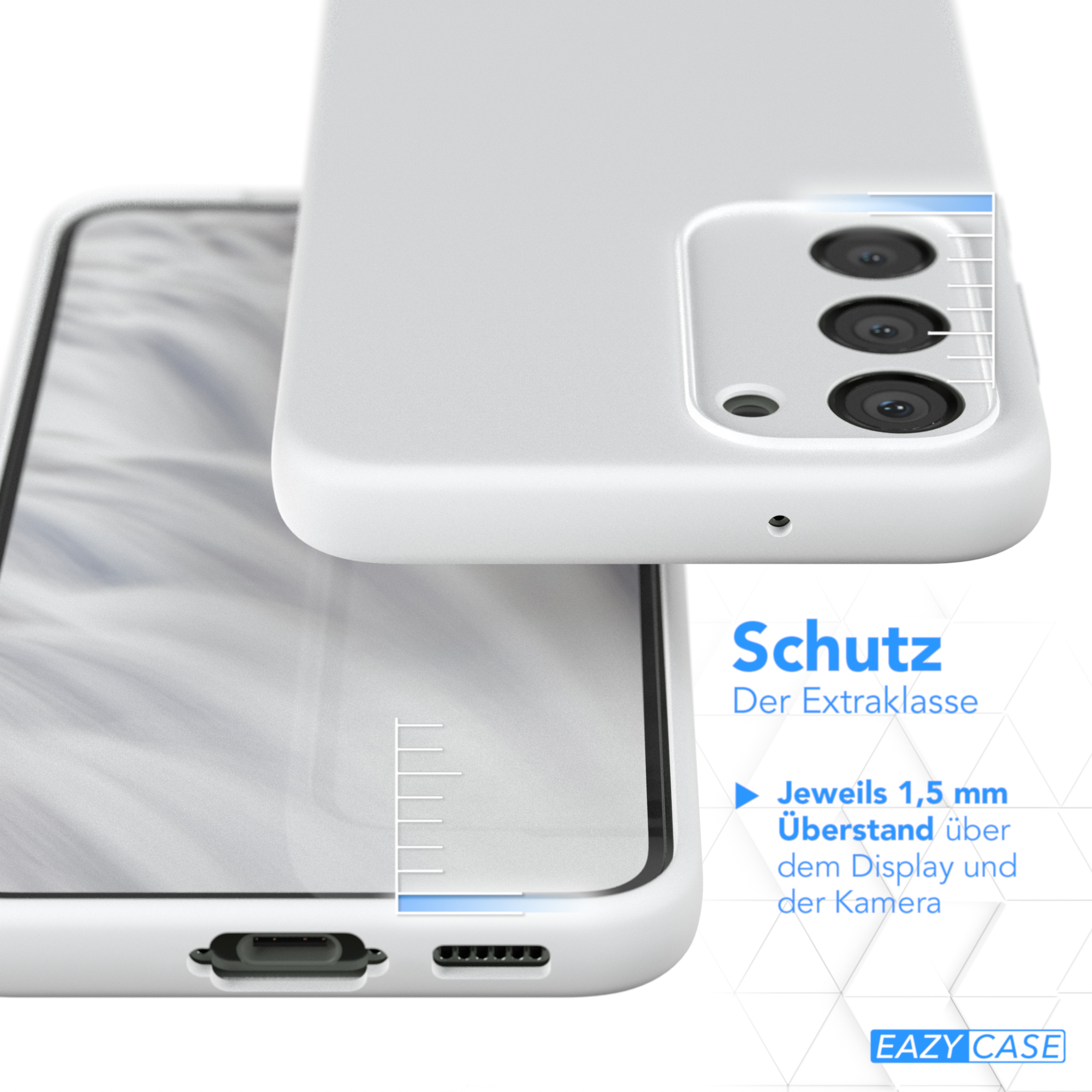 Weiße Handyhülle über einem Handy, mit Text über Schutz und Messlinien, auf blauem Farbverlauf.