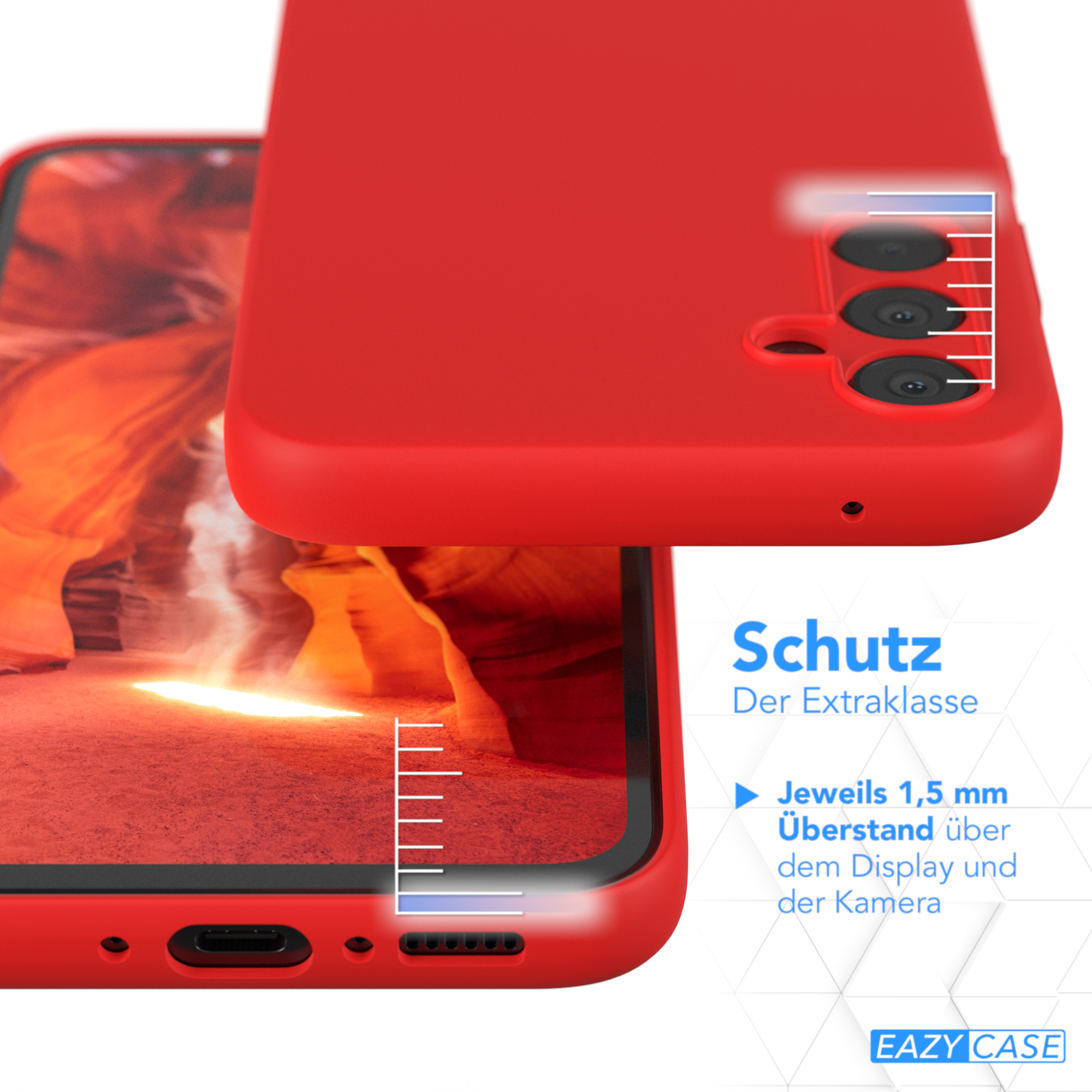 Eine rote Telefonhülle mit einem Telefon darin, das Bildschirm- und Kameradetails zeigt.