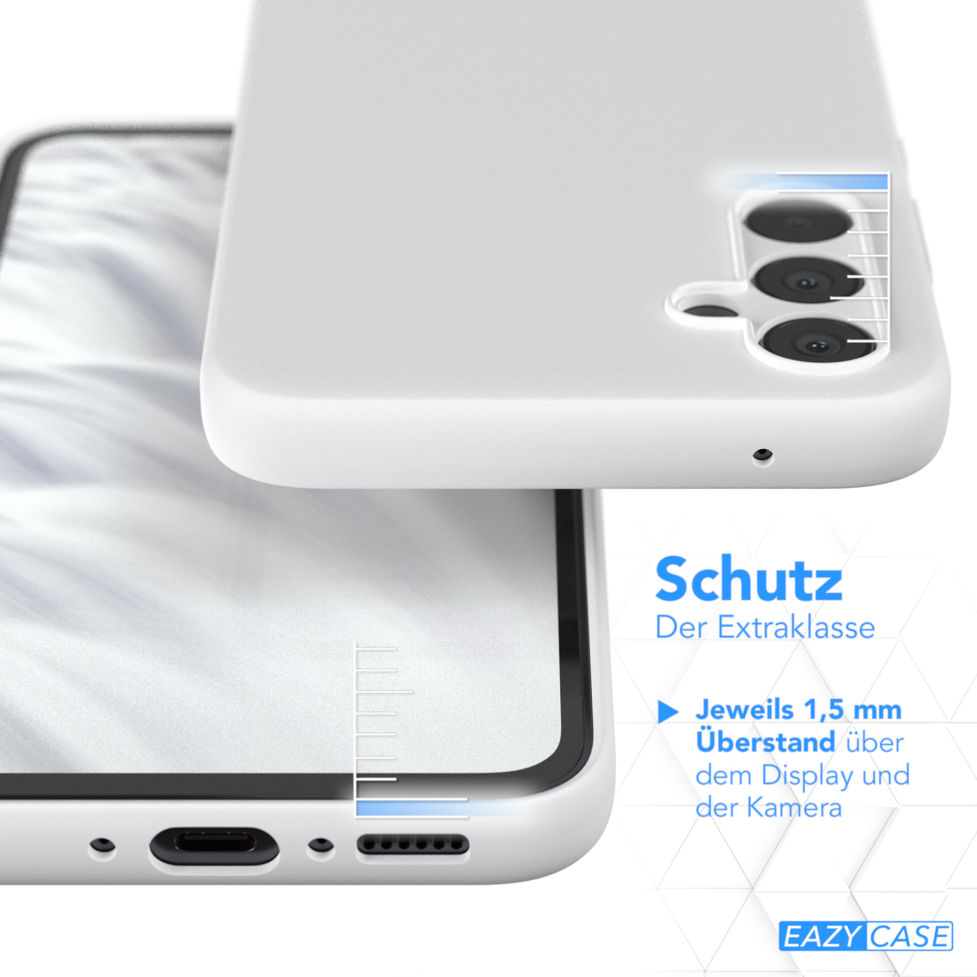 Weißes Handycase und Handy, weißer Hintergrund, Kameraschutz zeigend.