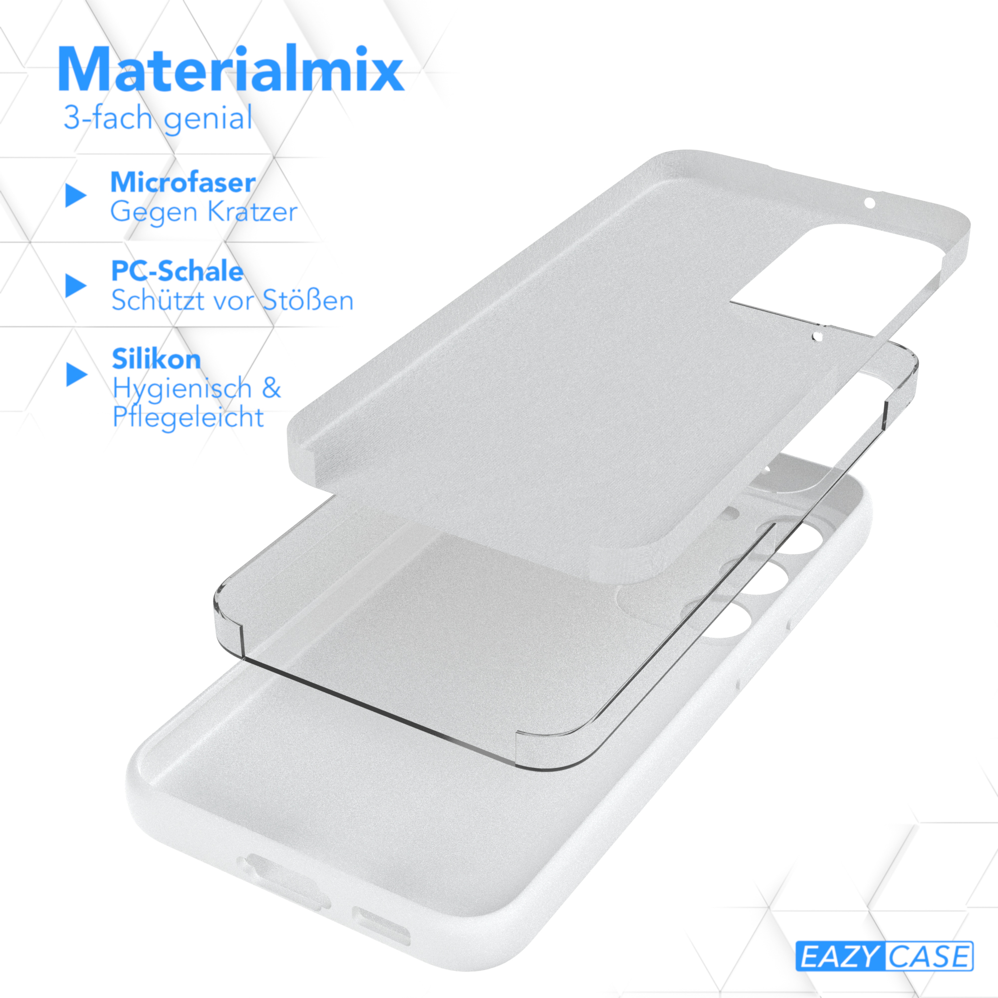 Transparente Handyhülle, zeigt Schichten: Mikrofaser, PC-Schale und Silikon.