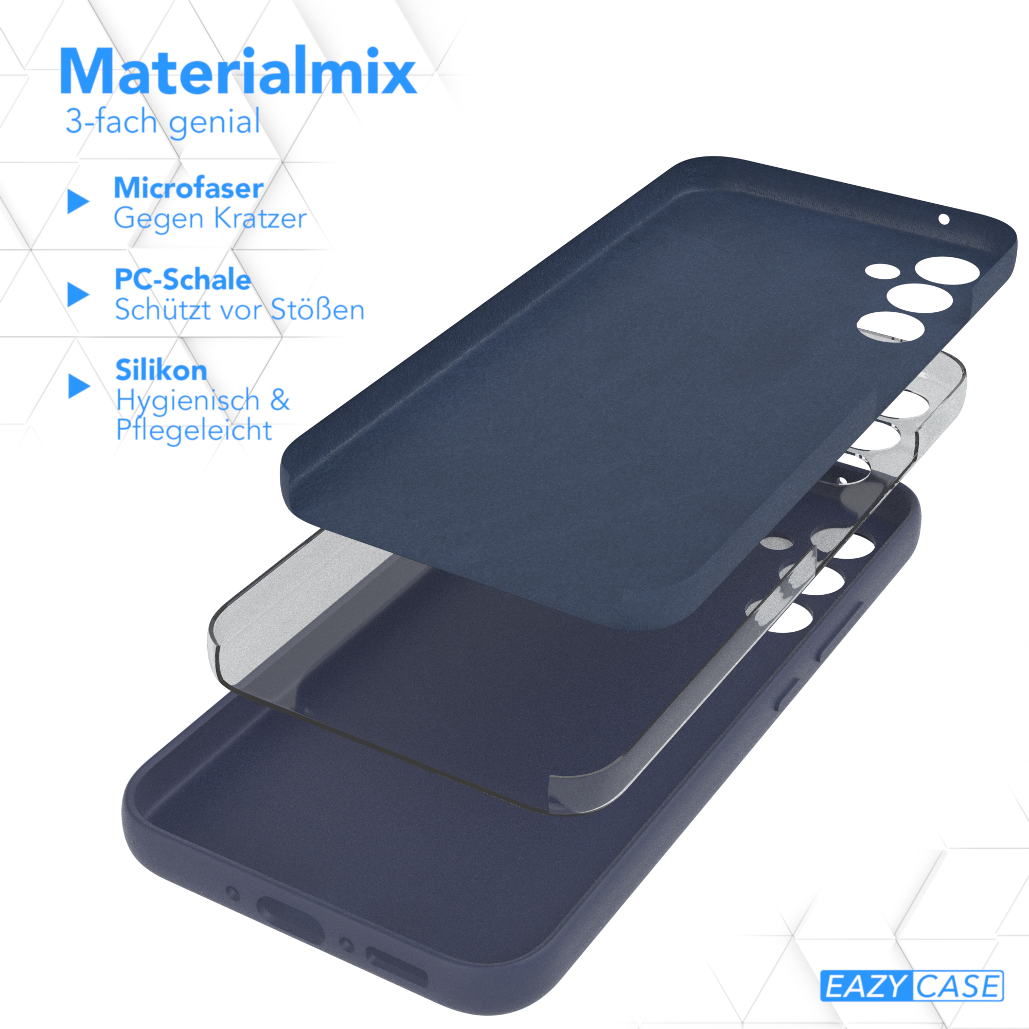 Eine Handyhülle mit drei Schichten: Mikrofaser, PC-Schale und Silikon. Die Hülle ist marineblau.