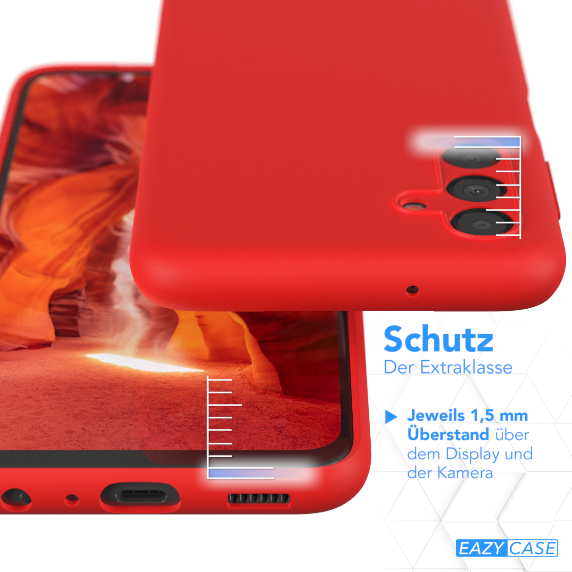 Rote Handyhülle. Zeigt Kamera- und Bildschirmschutz. Weißer Hintergrund.