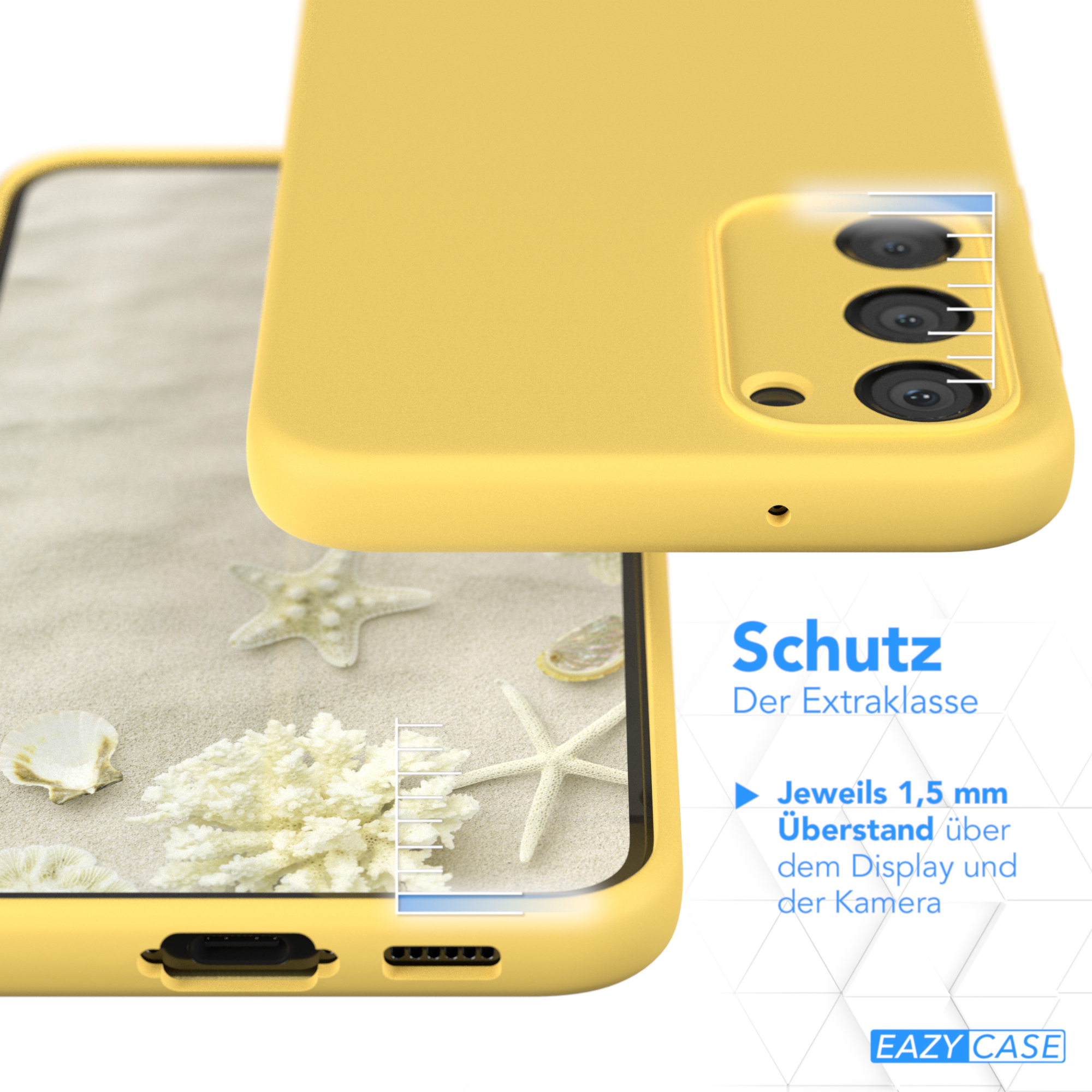 Eine gelbe Handyhülle mit einem Telefon und Sand und Muscheln im Hintergrund.