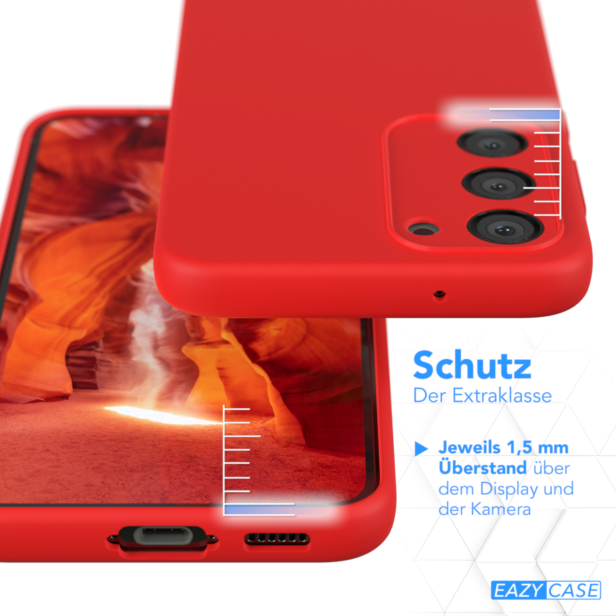 Rote Handyhülle schützt ein Telefon. Der Bildschirm zeigt das Telefon im Inneren. Text: Schutz Der Extraklasse. 1,5 mm über Display.