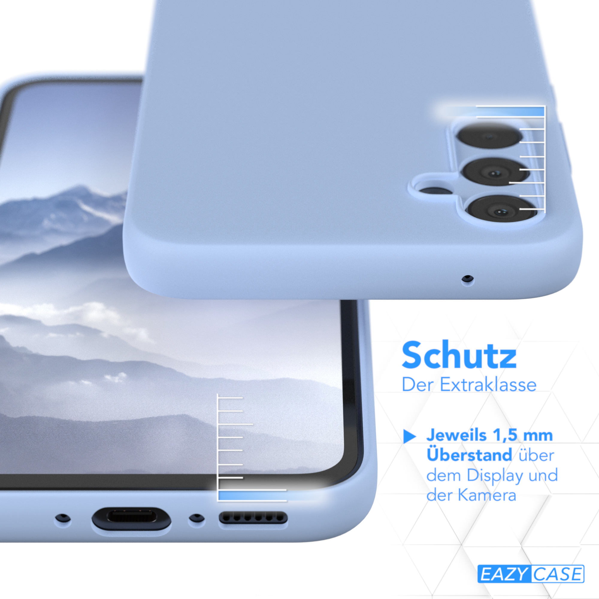 Hellblaue Handyhülle mit Telefon, Text über Schutz.