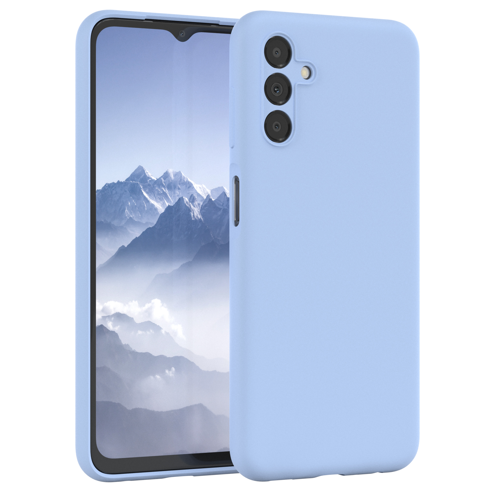 Blaue Handyhülle mit Telefon. Display zeigt eine Berglandschaft. Rückseite hat drei Kameras.