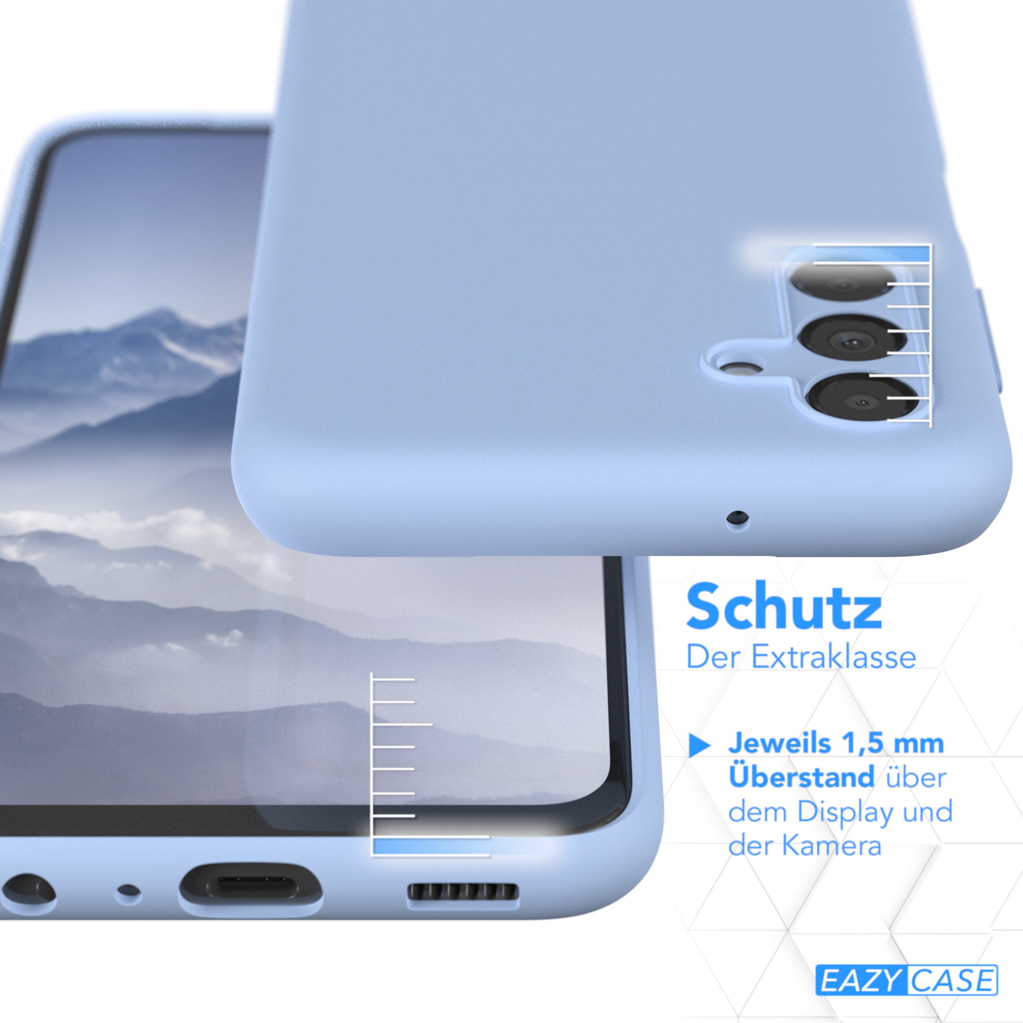Hellblaue Handyhülle über einem Telefon. Text: 'Schutz Der Extraklasse' und 'EAZY CASE' sichtbar.