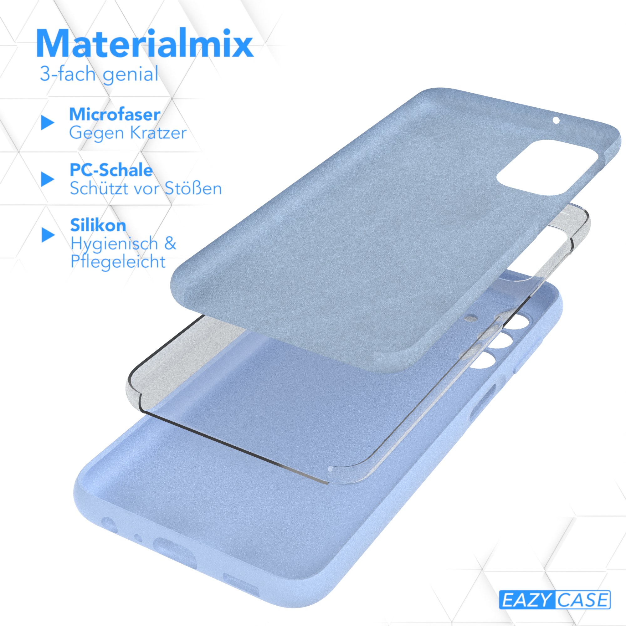 Eine Handyhülle in Schichten. Oben: blaues Material. Mitte: klare Schicht. Unten: blaue Hülle. Text links.
