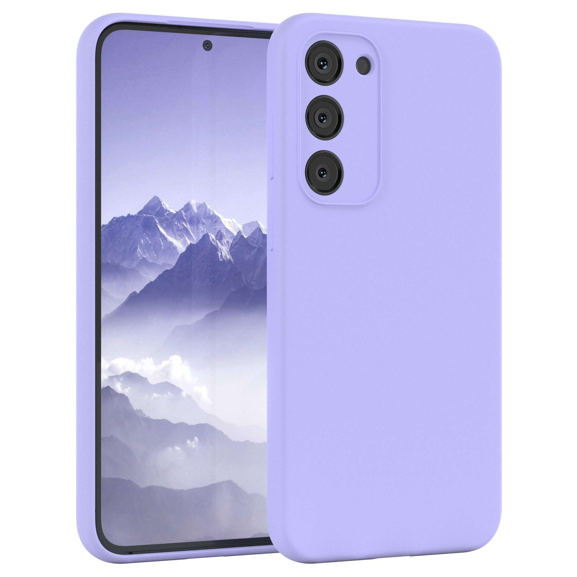 Zwei lila Handyhüllen, eine auf dem Telefon und eine daneben.