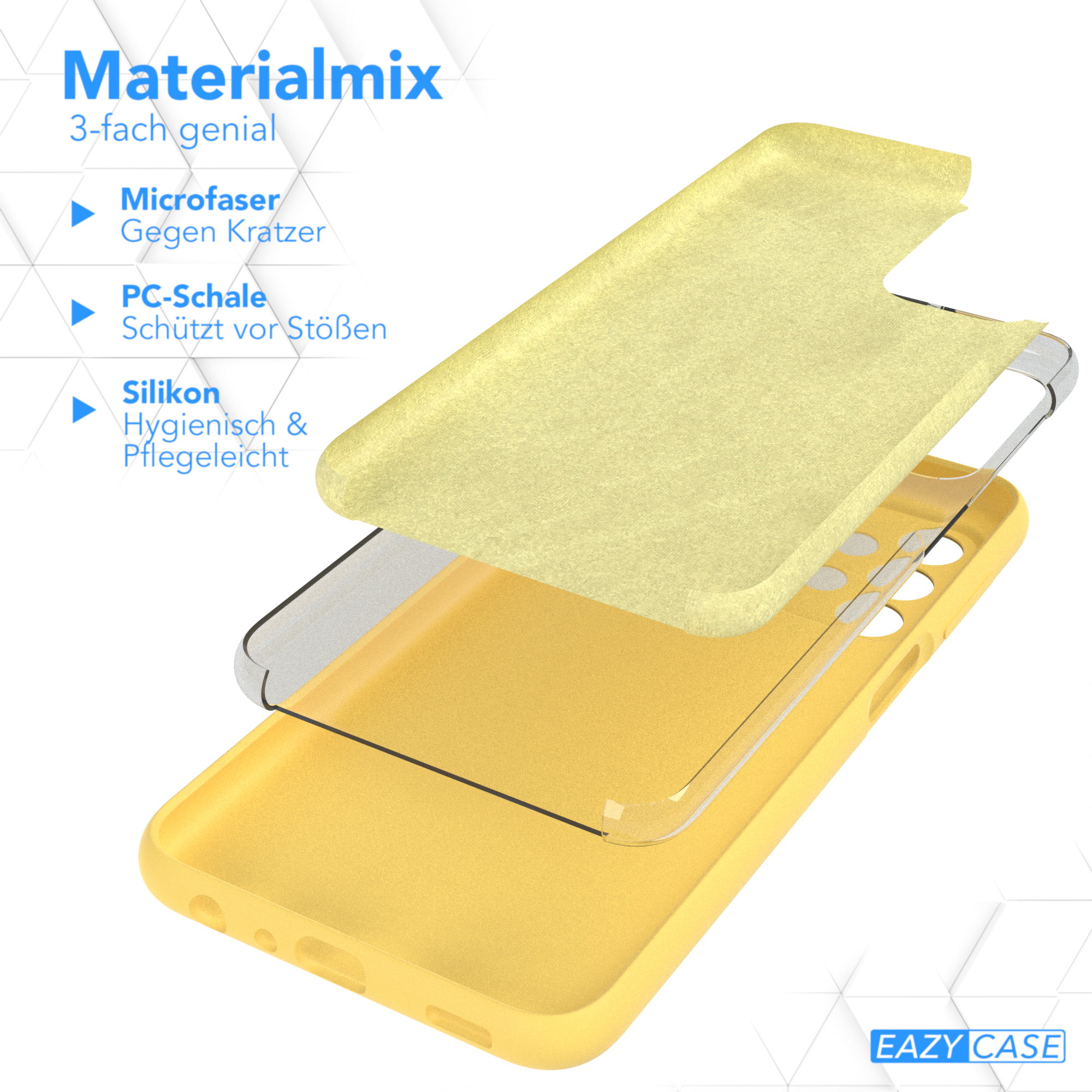 Eine Handyhülle mit gelben Schichten: Mikrofaser, PC-Schale und Silikon. Die Hülle ist gelb.