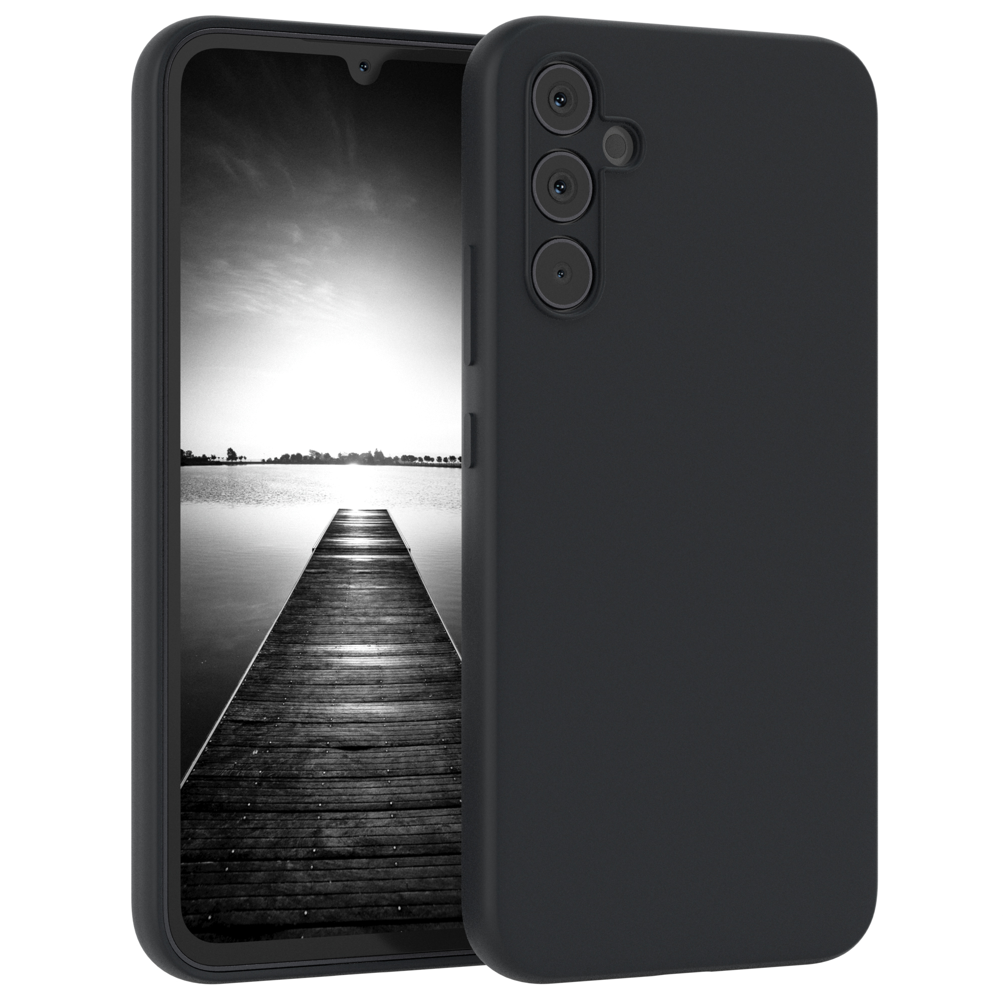 Schwarze Handyhülle mit Handy, das eine Graustufenlandschaft anzeigt. Die Hülle hat eine Kameraeinrichtung auf der Rückseite.