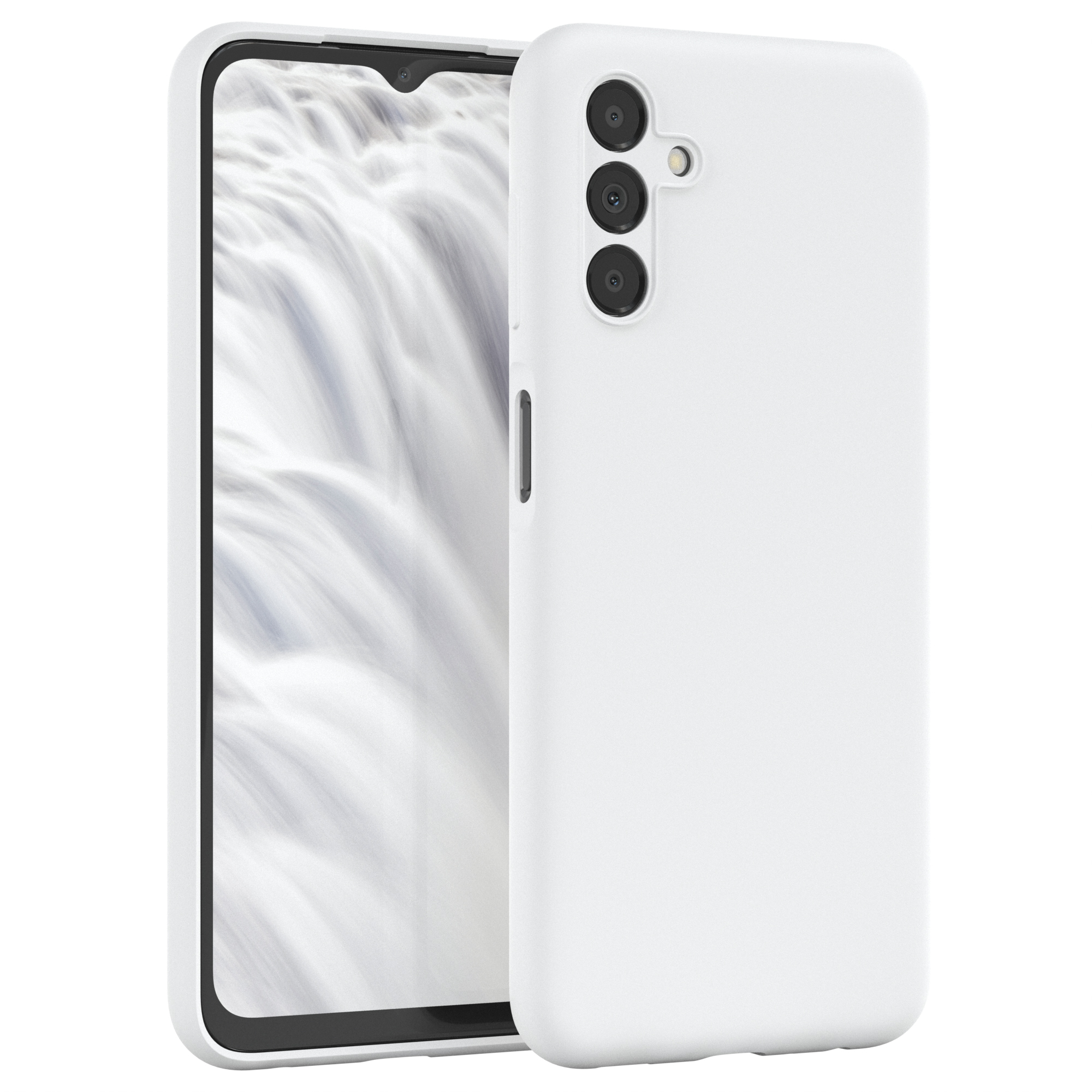 Ein weißes Telefon mit Displayschutz und einer weißen Hülle. Das Telefon hat drei Kameras in einer Reihe.