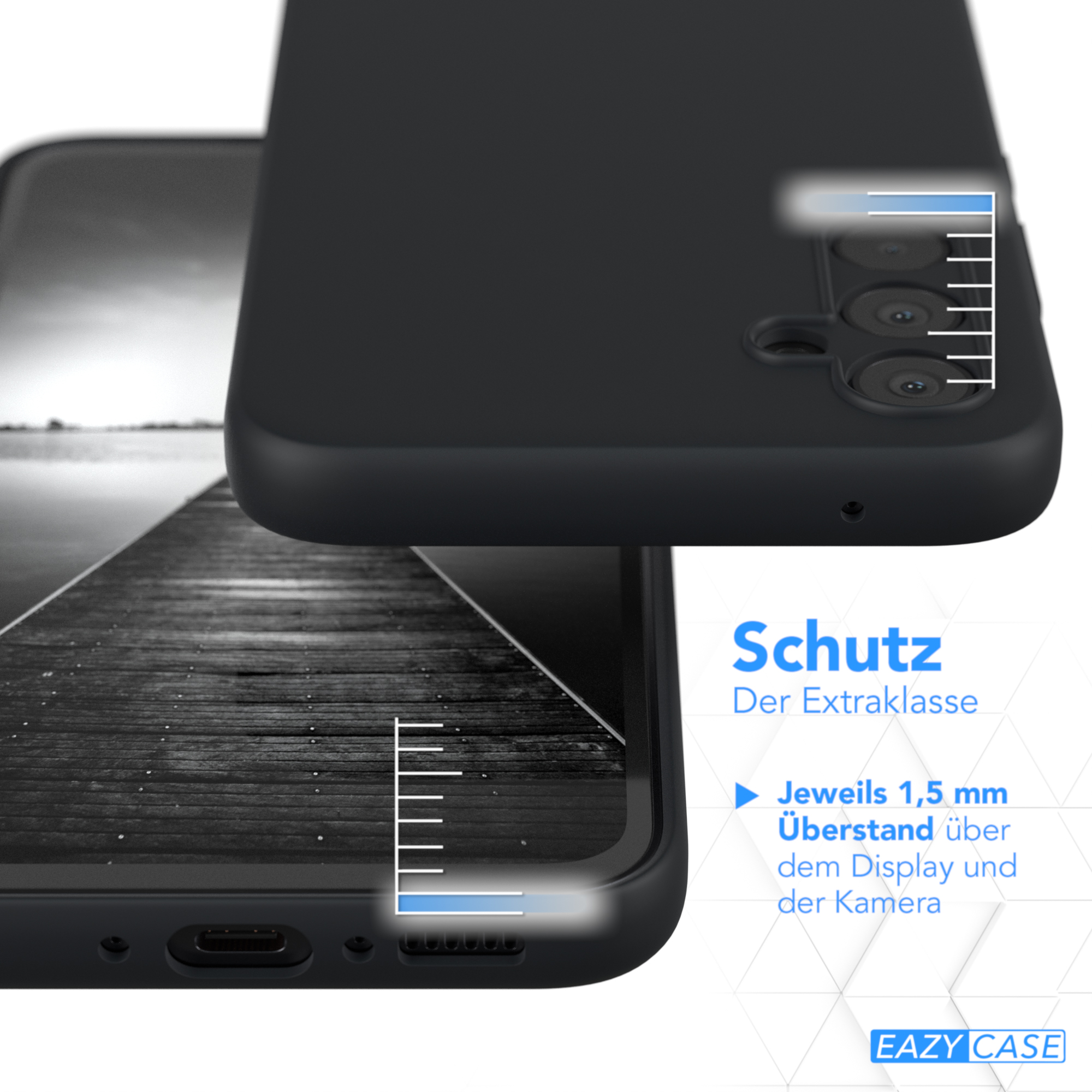 Eine Handyhülle schützt ein Telefon. Die Hülle ist schwarz und das Telefon hat eine Kamera.