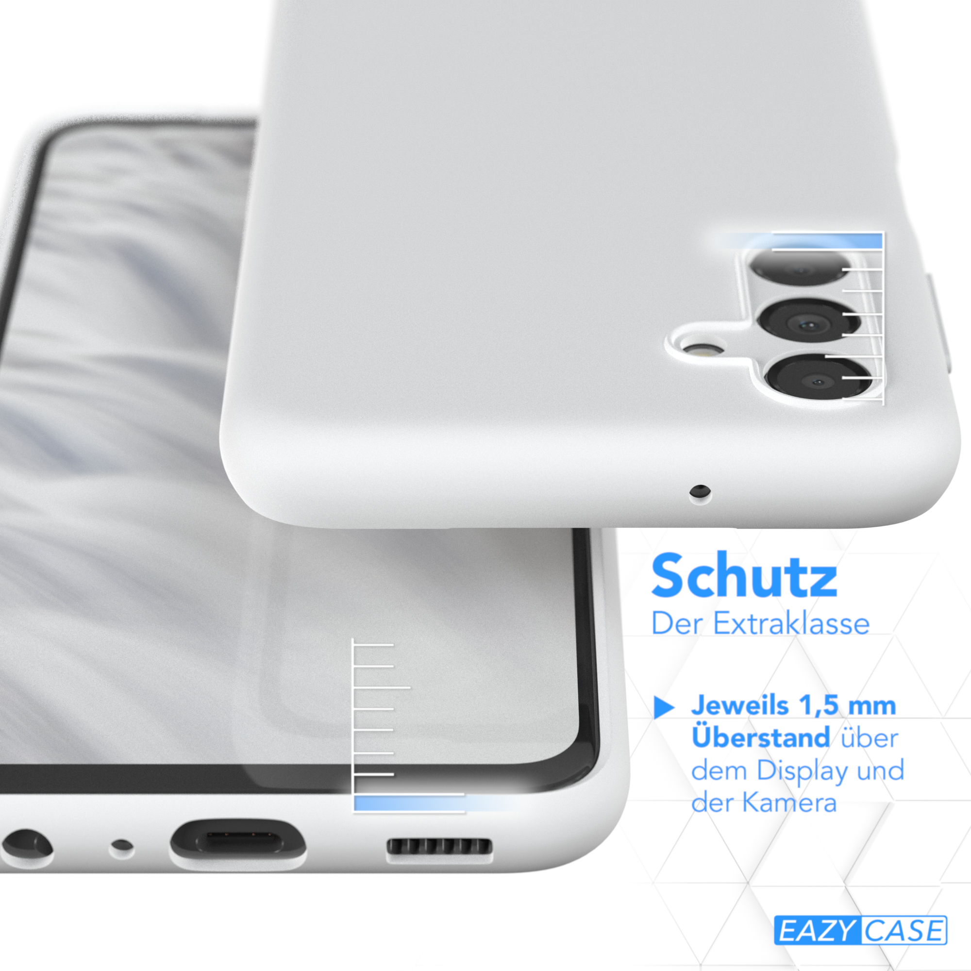 Weißes Telefoncase mit Telefon darin. Die Rückseite des Cases ist sichtbar, mit Text und Kameraausschnitt.