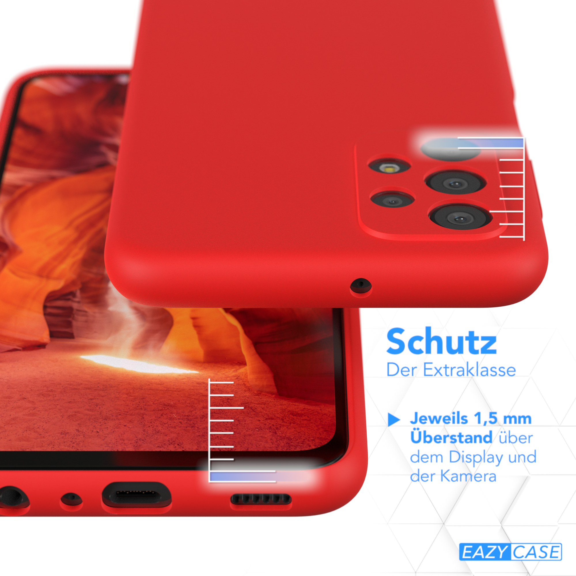 Zwei rote Handyhüllen, eine über der anderen. Text deutet auf Displayschutz hin.