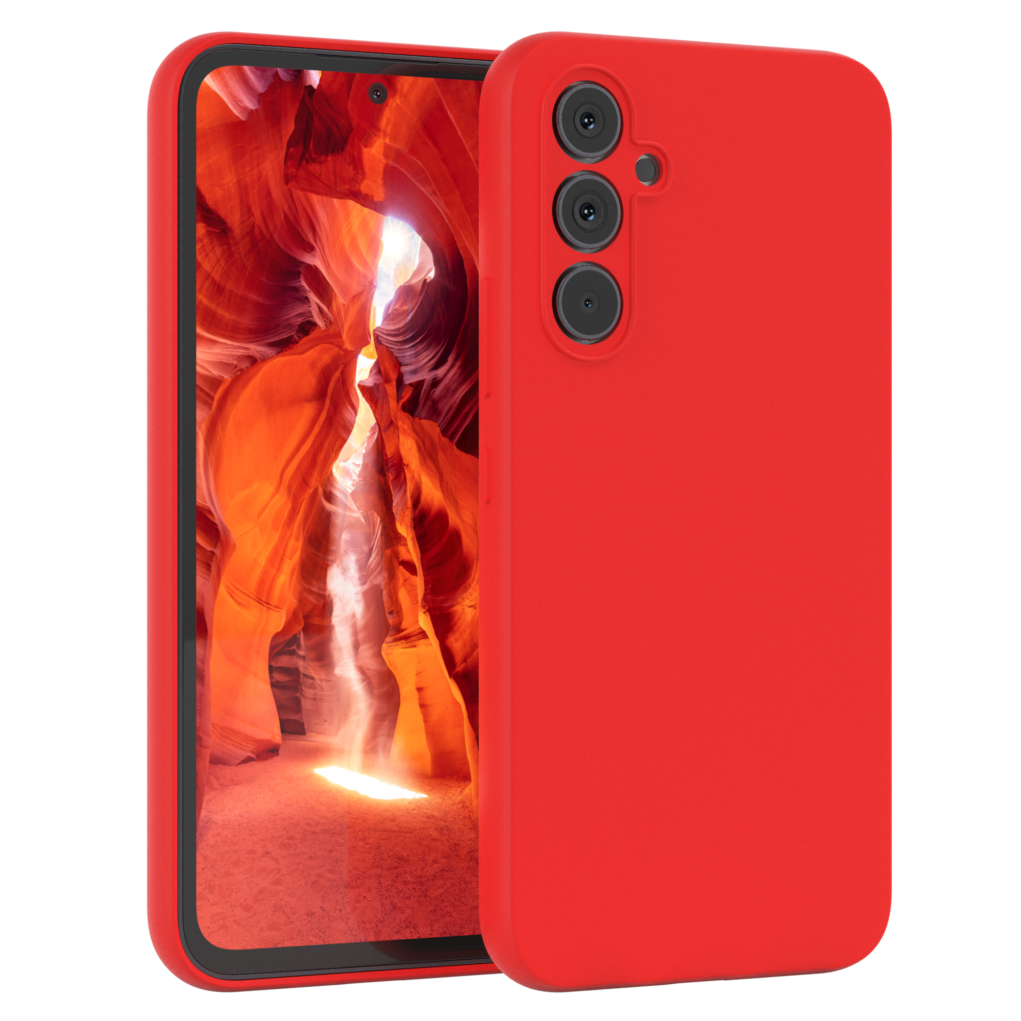 Rote Handyhülle auf Telefon. Telefon nach rechts und andere Hülle nach links.