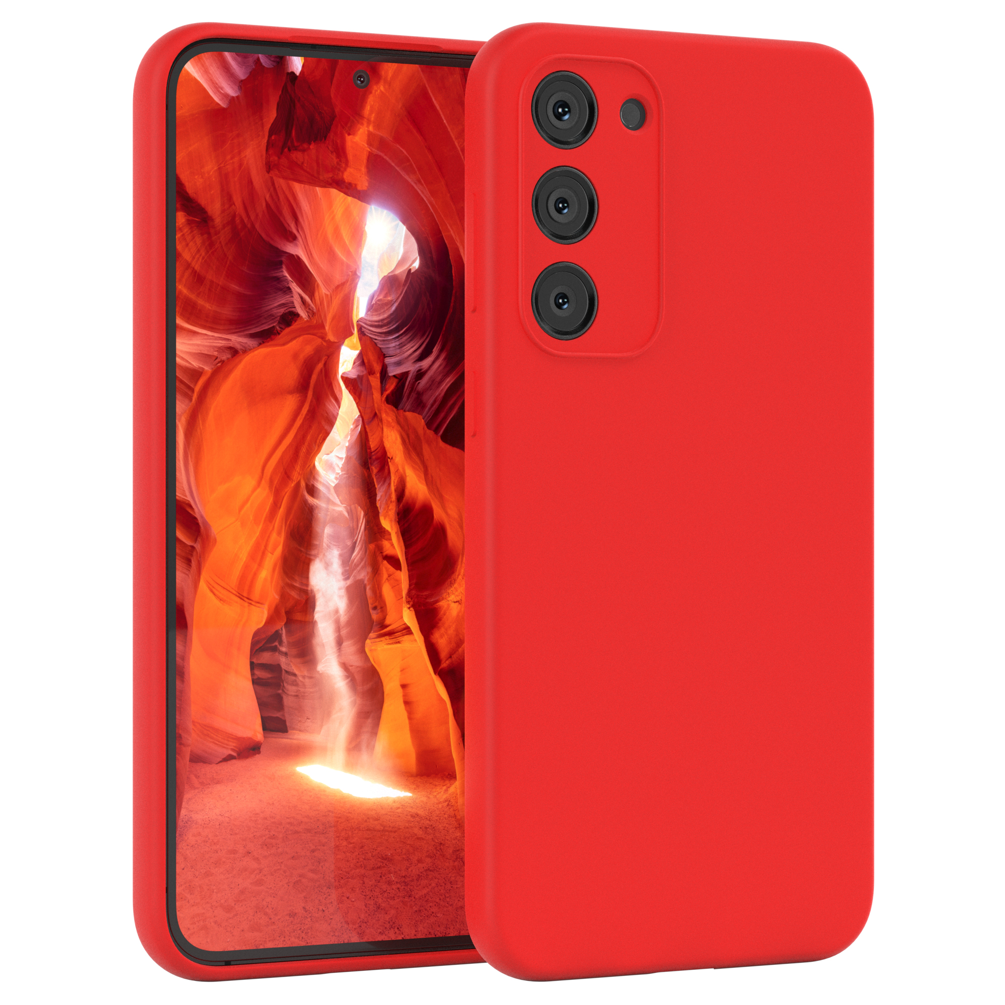 Rote Handyhülle mit Telefon auf rotem Sandhintergrund.