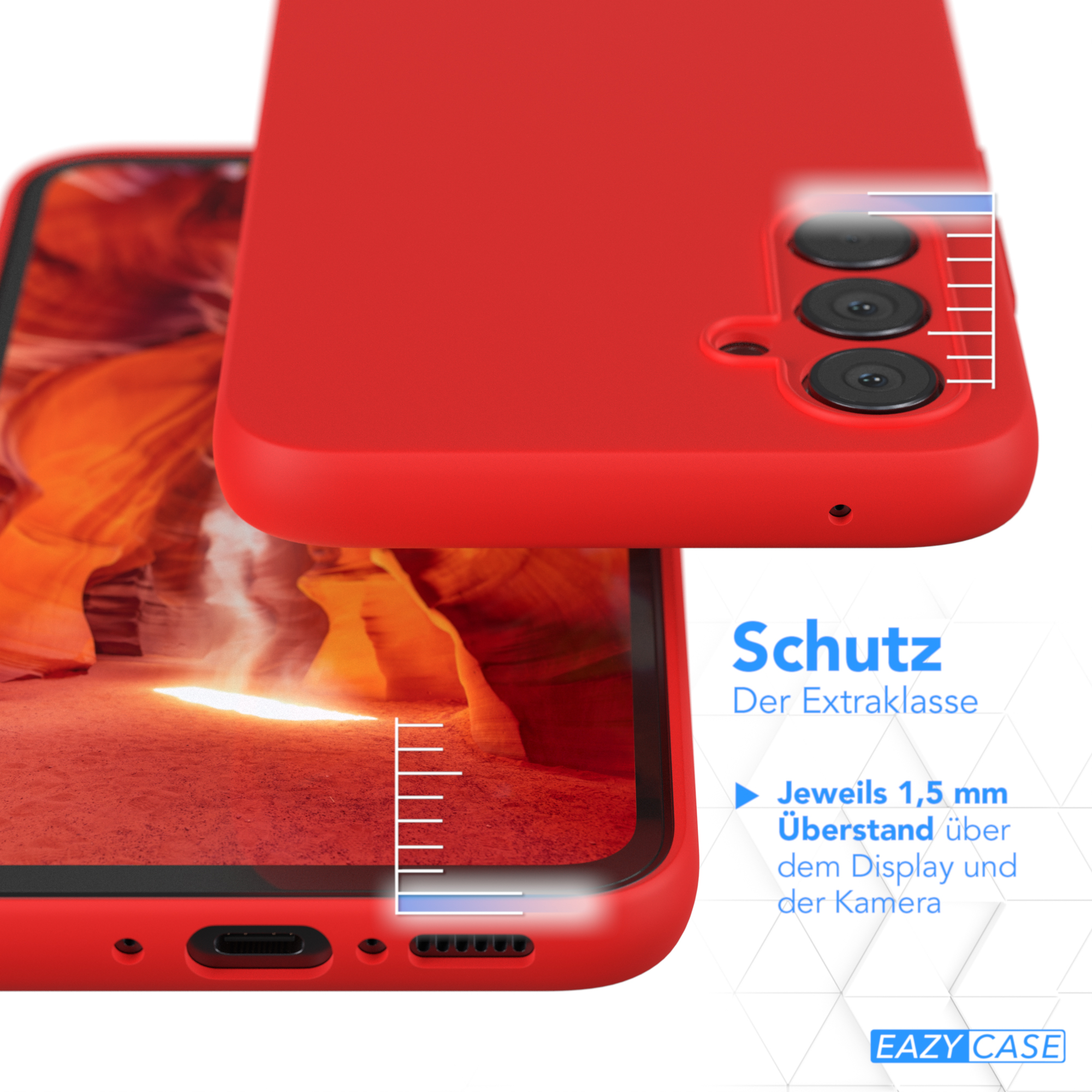 Zwei rote Handyhüllen, eine offen mit einem Telefon und die andere geschlossen. Text sagt 'Schutz Der Extraklasse'.