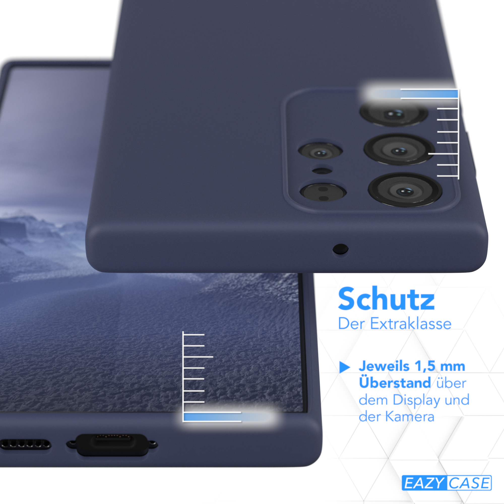 Blaue Handyhülle über dem Telefon, zeigt Kameradetails. Text und Messlinien zeigen Schutz an.