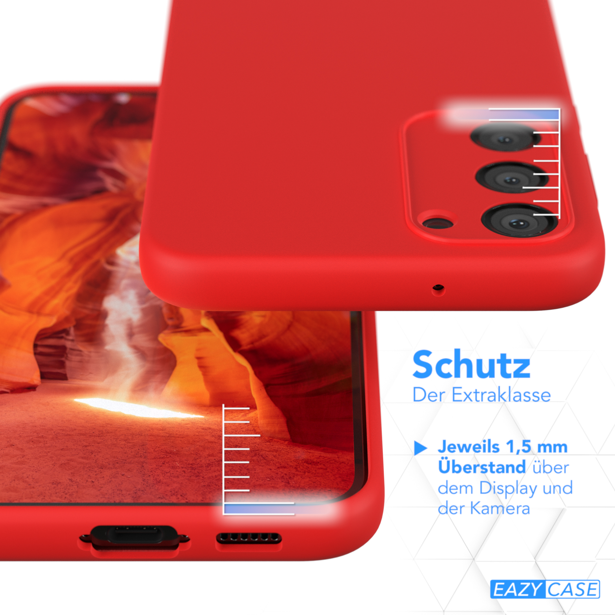 Zwei rote Handyhüllen mit Grafik, mit weißem Hintergrund. Text und Maßstab sind ebenfalls vorhanden.