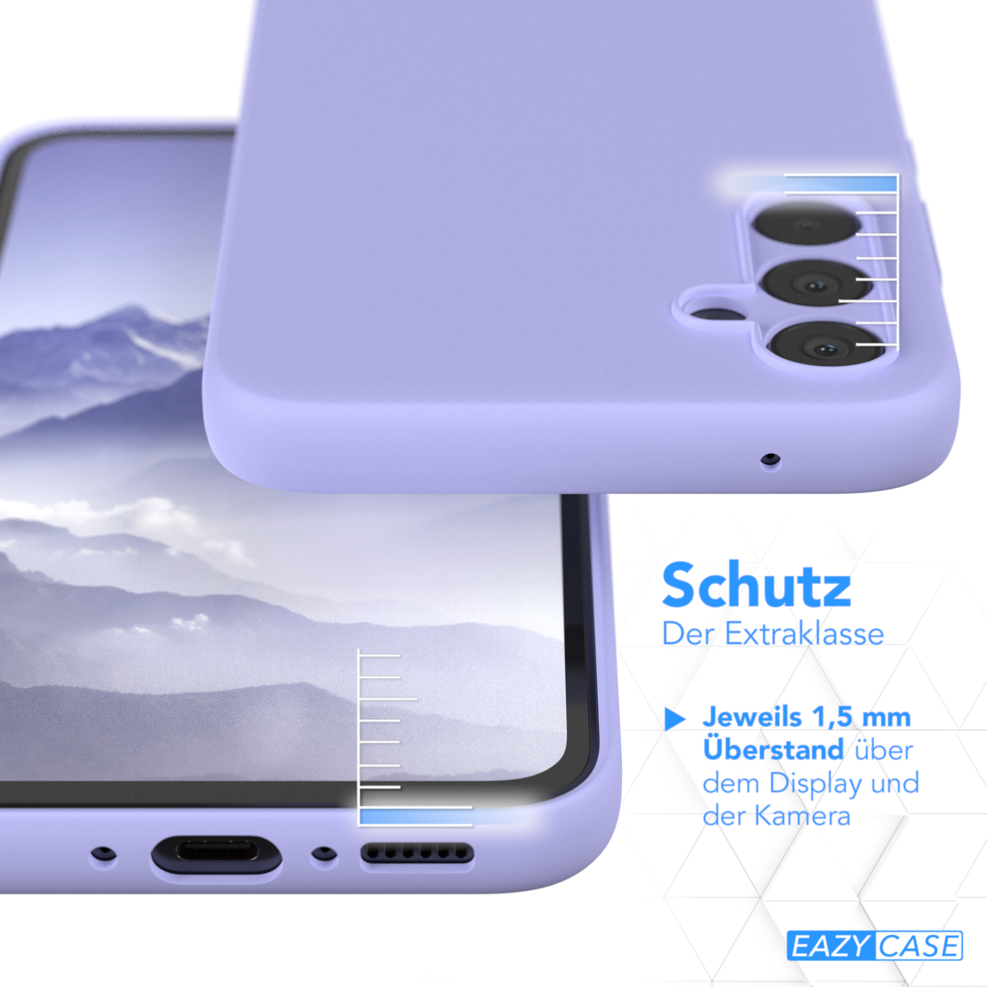 Eine lila Handyhülle mit einem teilweise darin befindlichen Telefon.