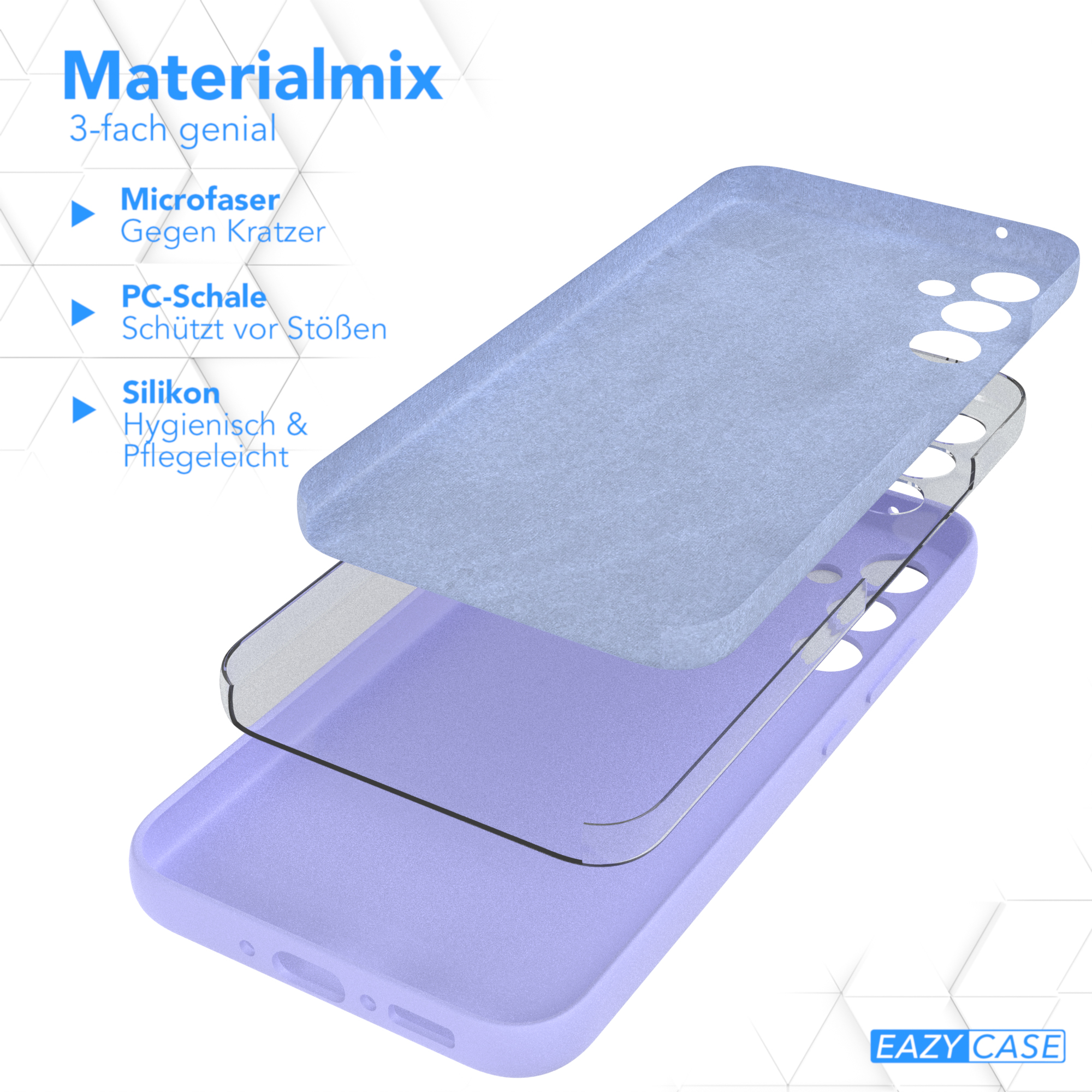 Eine Handyhülle mit violetten Schichten: Mikrofaser, PC-Schale und Silikon. Die Hülle ist lila.