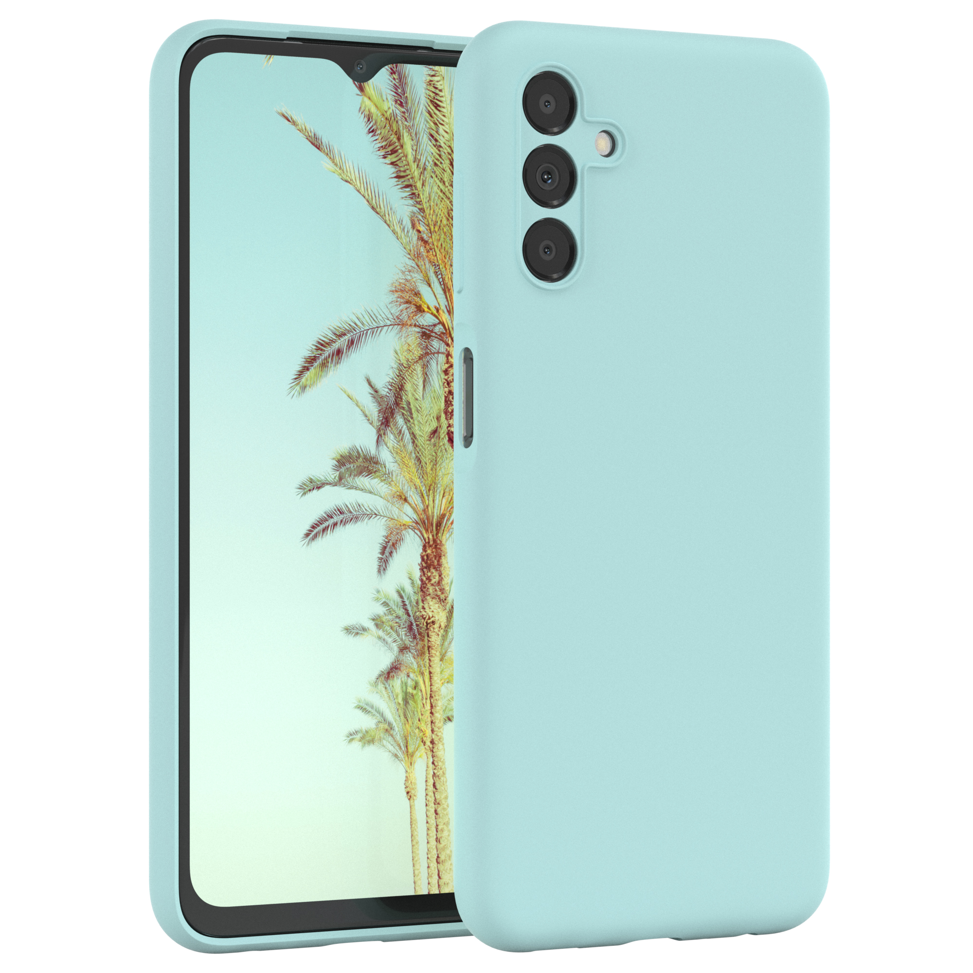 Eine hellblaue Handyhülle mit einem Telefon darin.