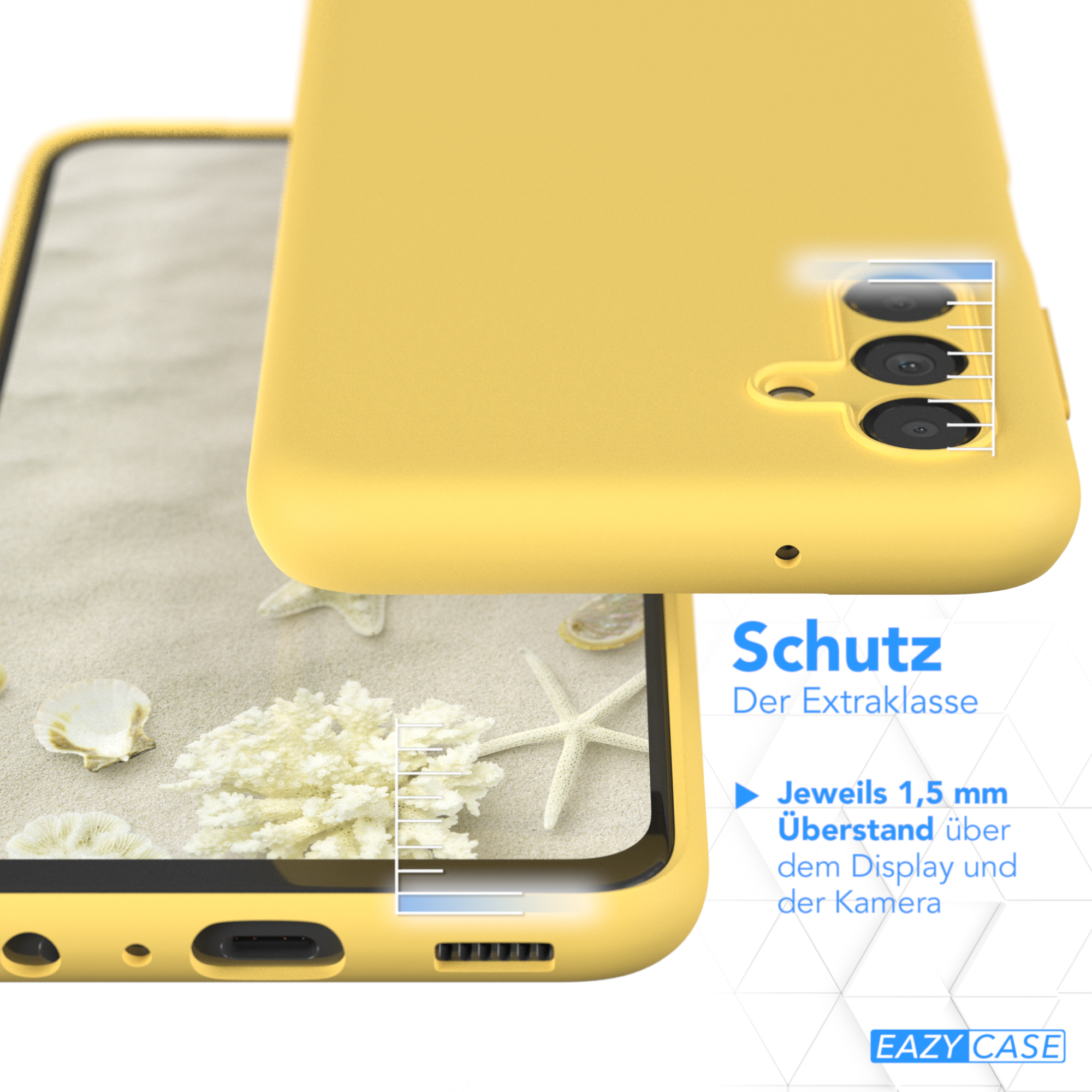 Eine gelbe Handyhülle auf einem Telefon, zeigt den Bildschirm und den Kamerabereich, mit Text über Schutz.