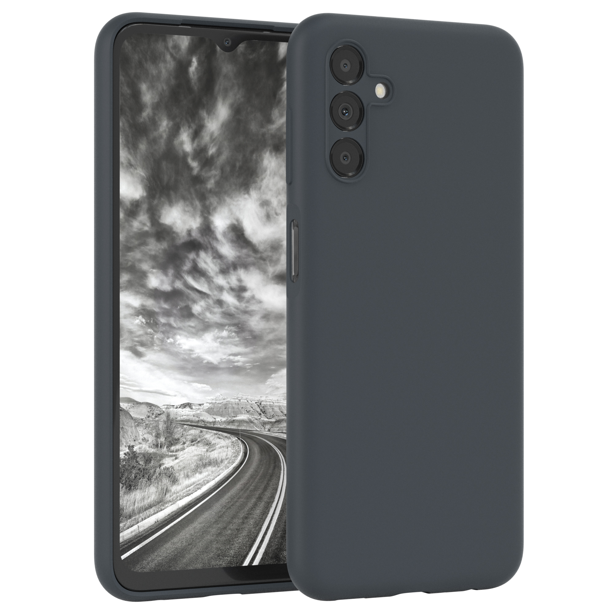 Telefon in einer dunkelgrauen Hülle. Die Hülle ist offen.