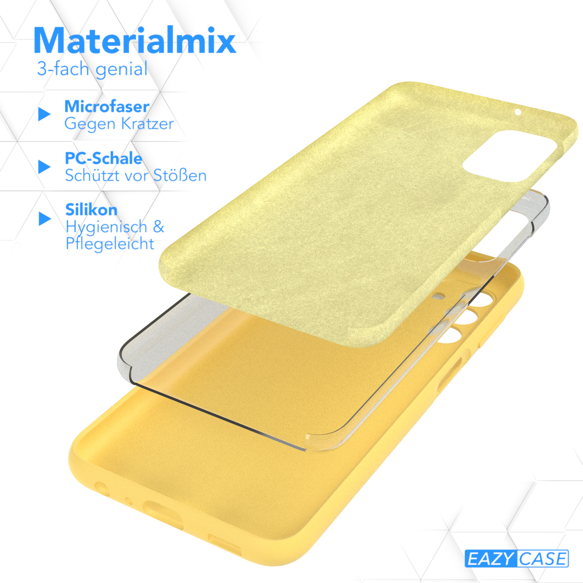 Gelbe Handyhülle mit drei Schichten: Mikrofaser, PC-Schale und Silikon.