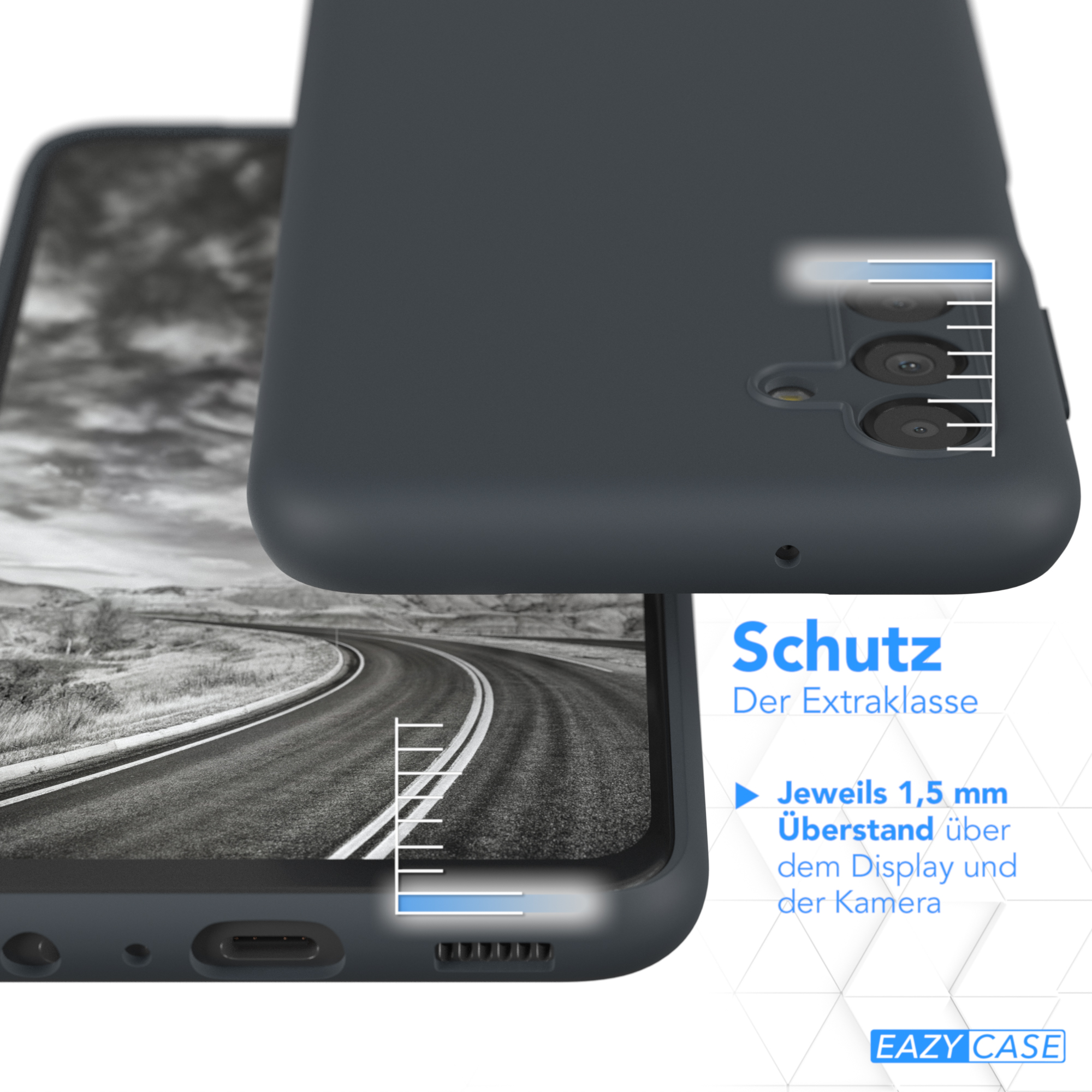 Dunkelgraue Handyhülle über einem Telefon, mit Schutzdetails. Text: Schutz, 1,5 mm über Display und Kamera.