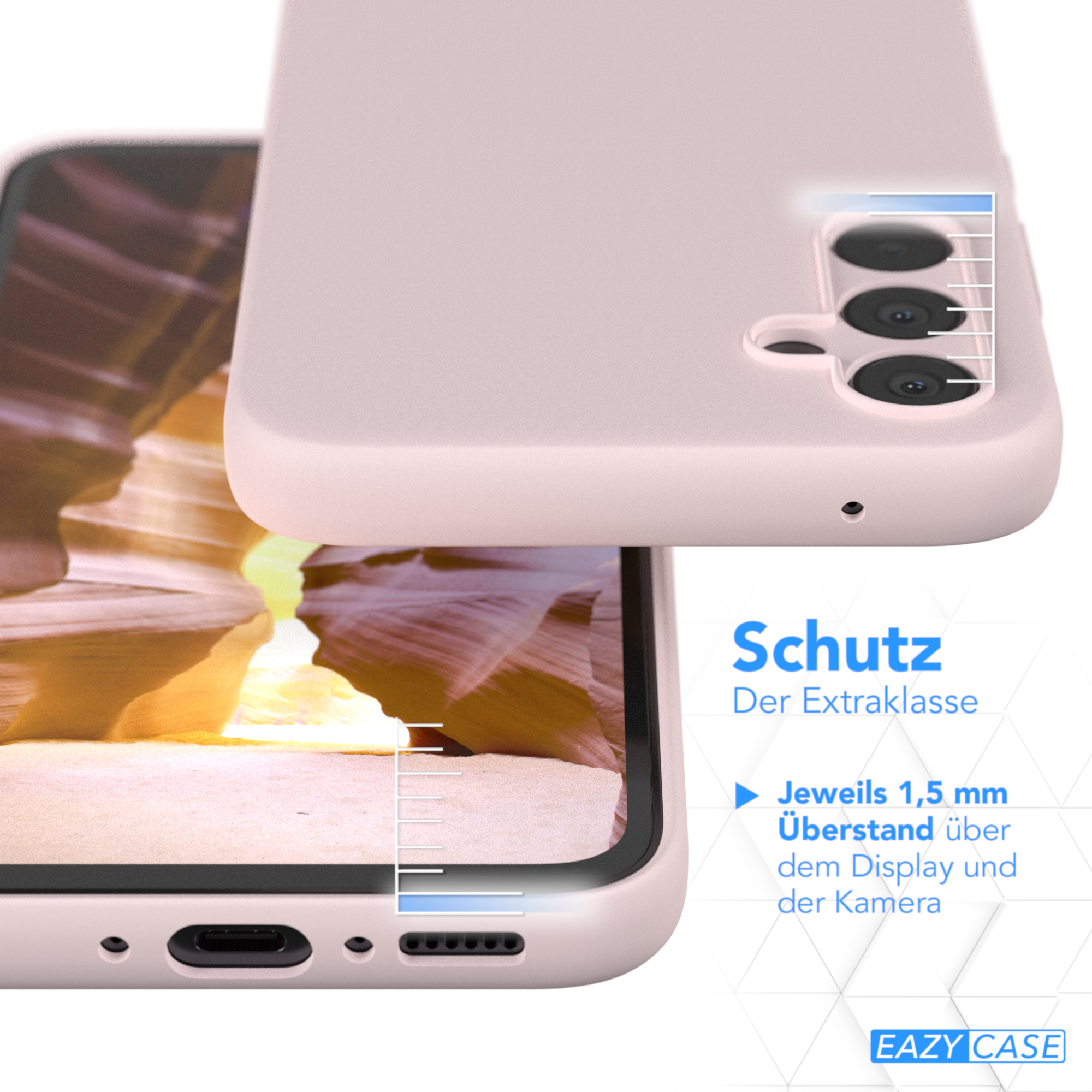 Rosa Handyhülle schützt ein Telefon. Der Bildschirm zeigt das Telefon im Inneren. Text: Schutz Der Extraklasse. 1,5 mm über Display.