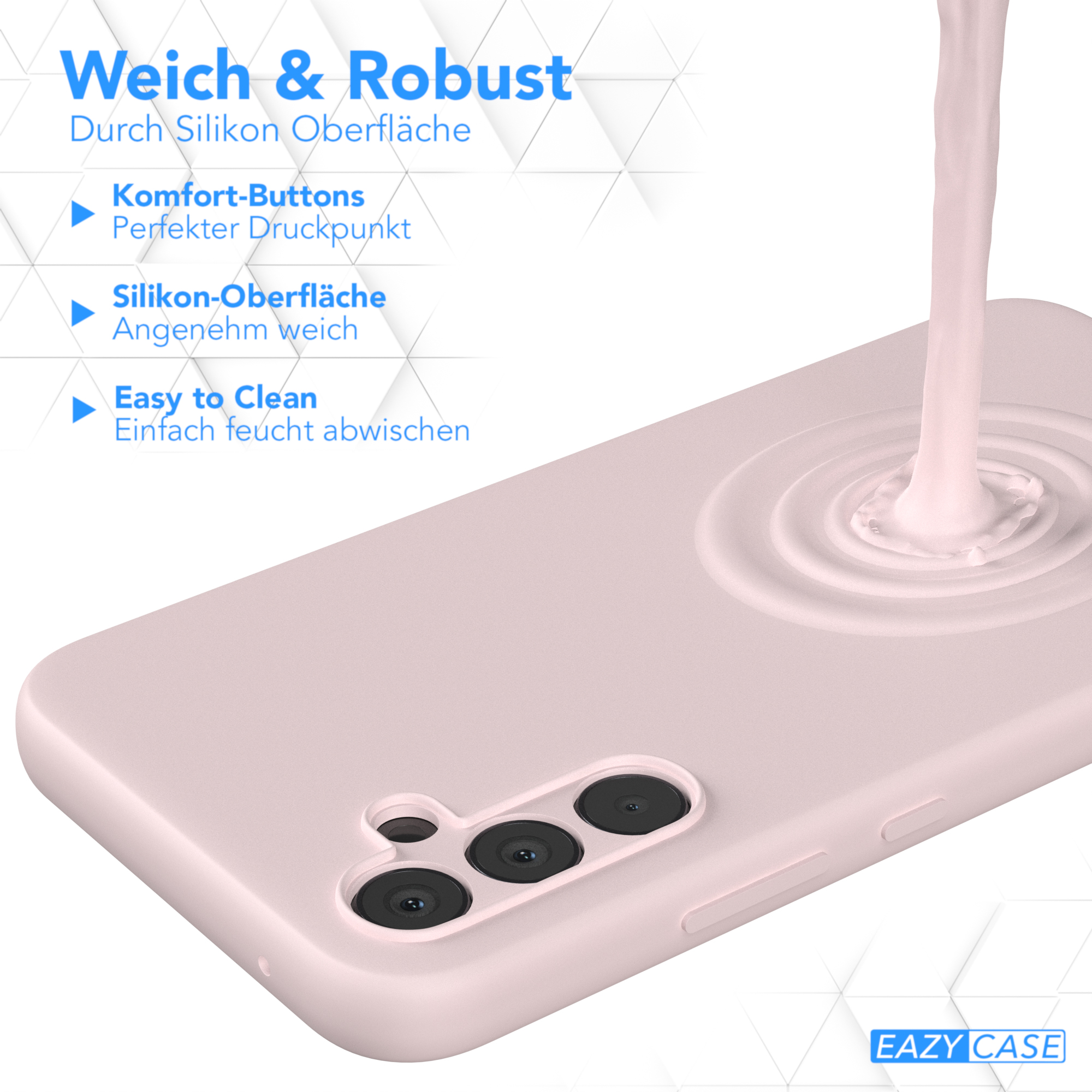 Eine rosa Handyhülle mit einem Flüssigkeitsspritzer und Details zu Knöpfen und Oberfläche.