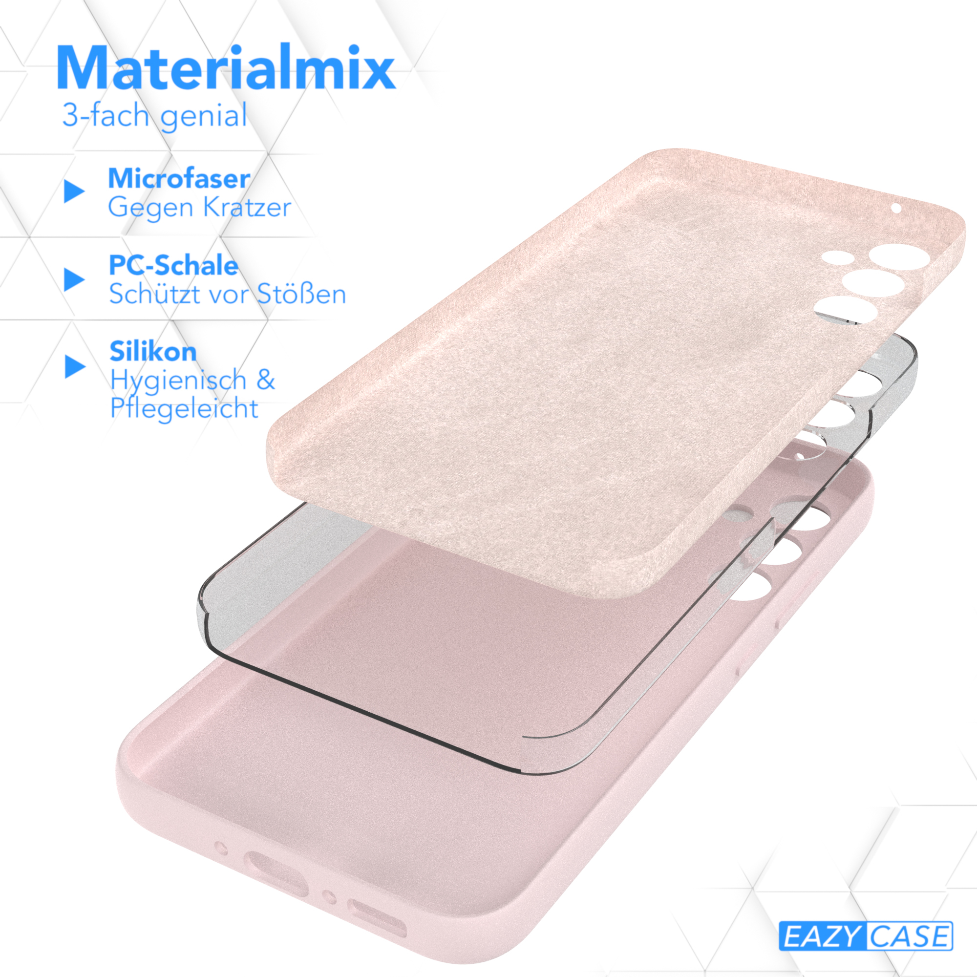Eine Handyhülle mit drei Schichten aus verschiedenen Materialien, mit Beschriftungen.