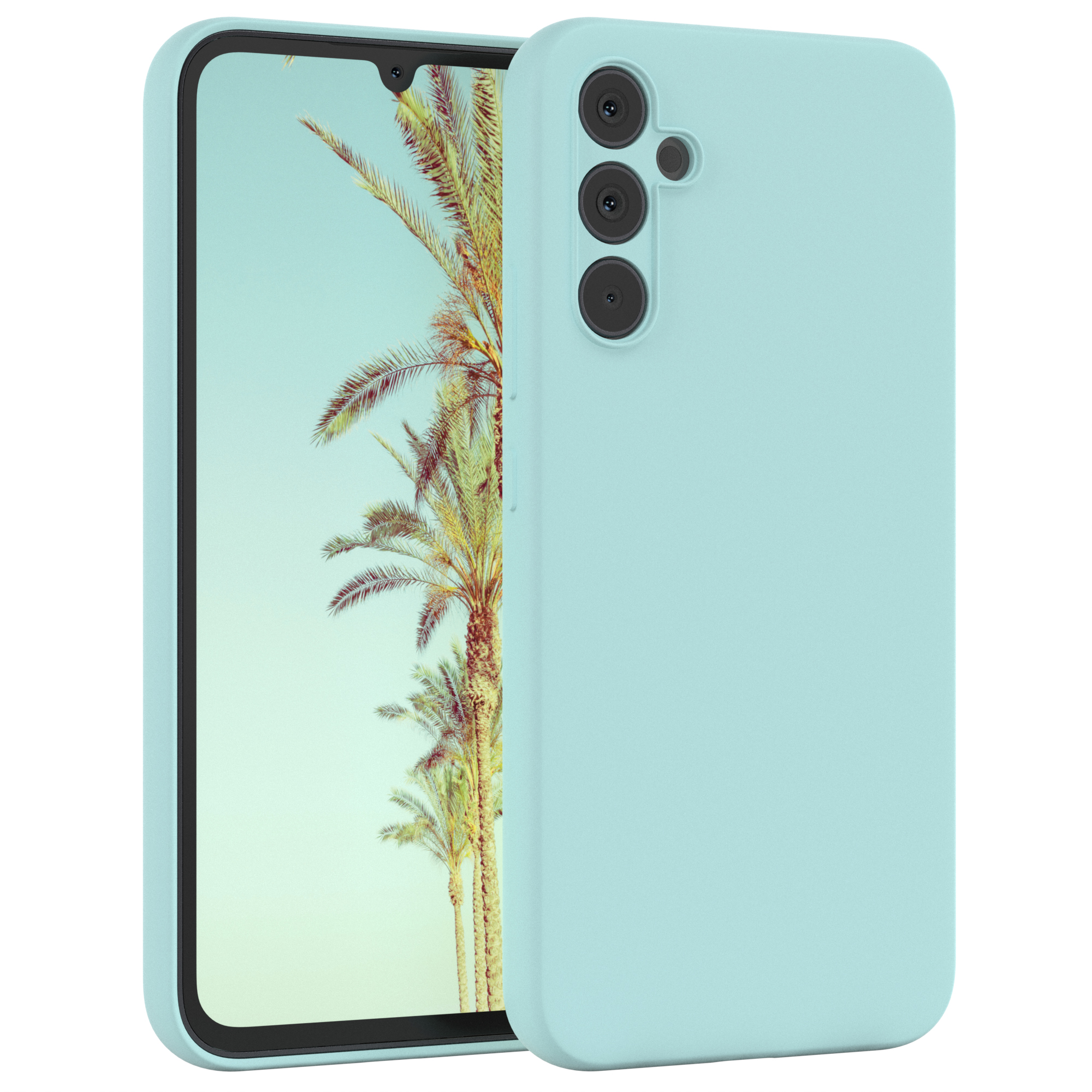 Blaues Telefon mit Hülle, Bildschirm an. Blaue Hülle bedeckt das Telefon, weißer Hintergrund.