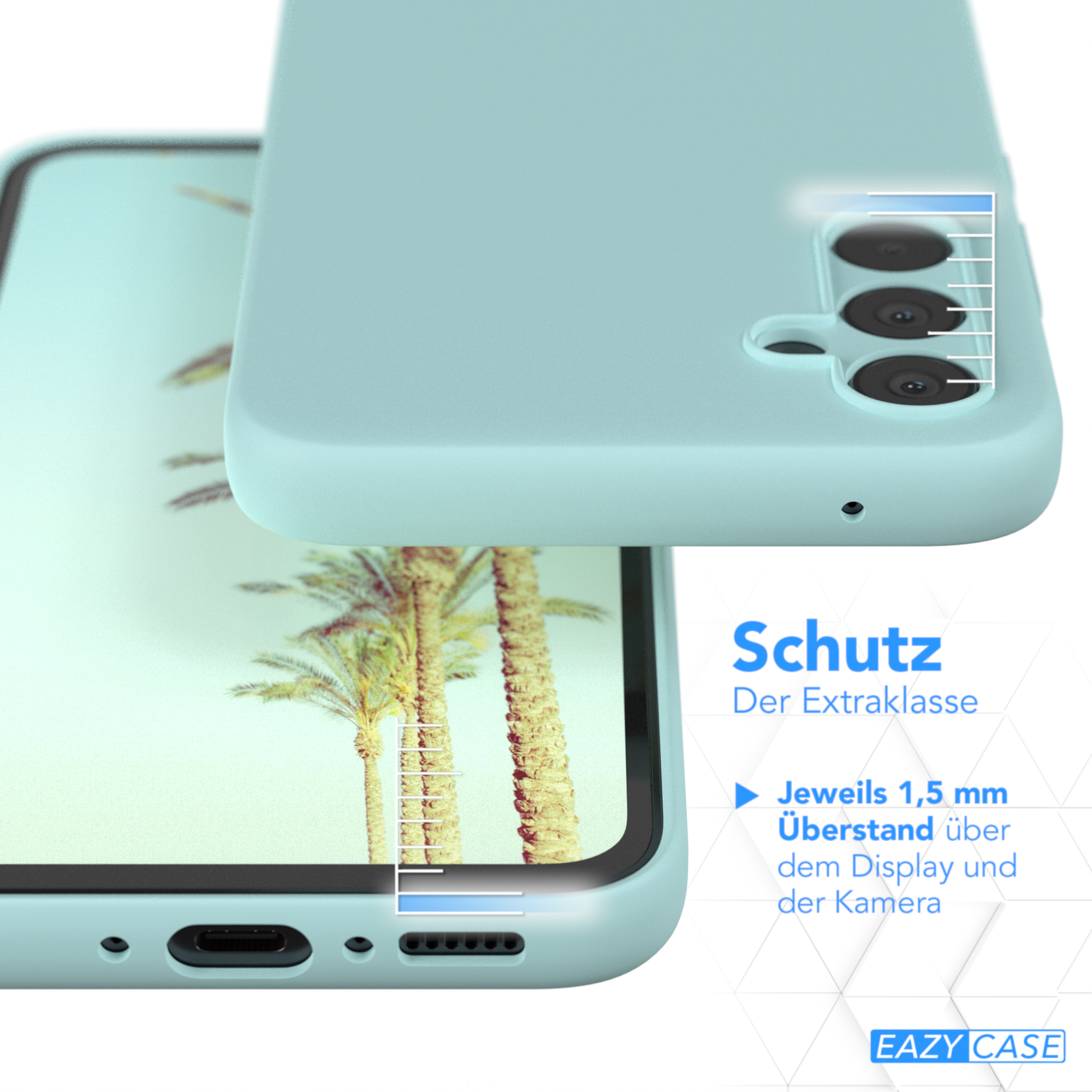 Nahaufnahme einer Handyhülle und eines Handys. Text: Schutz, 1,5 mm über dem Display.