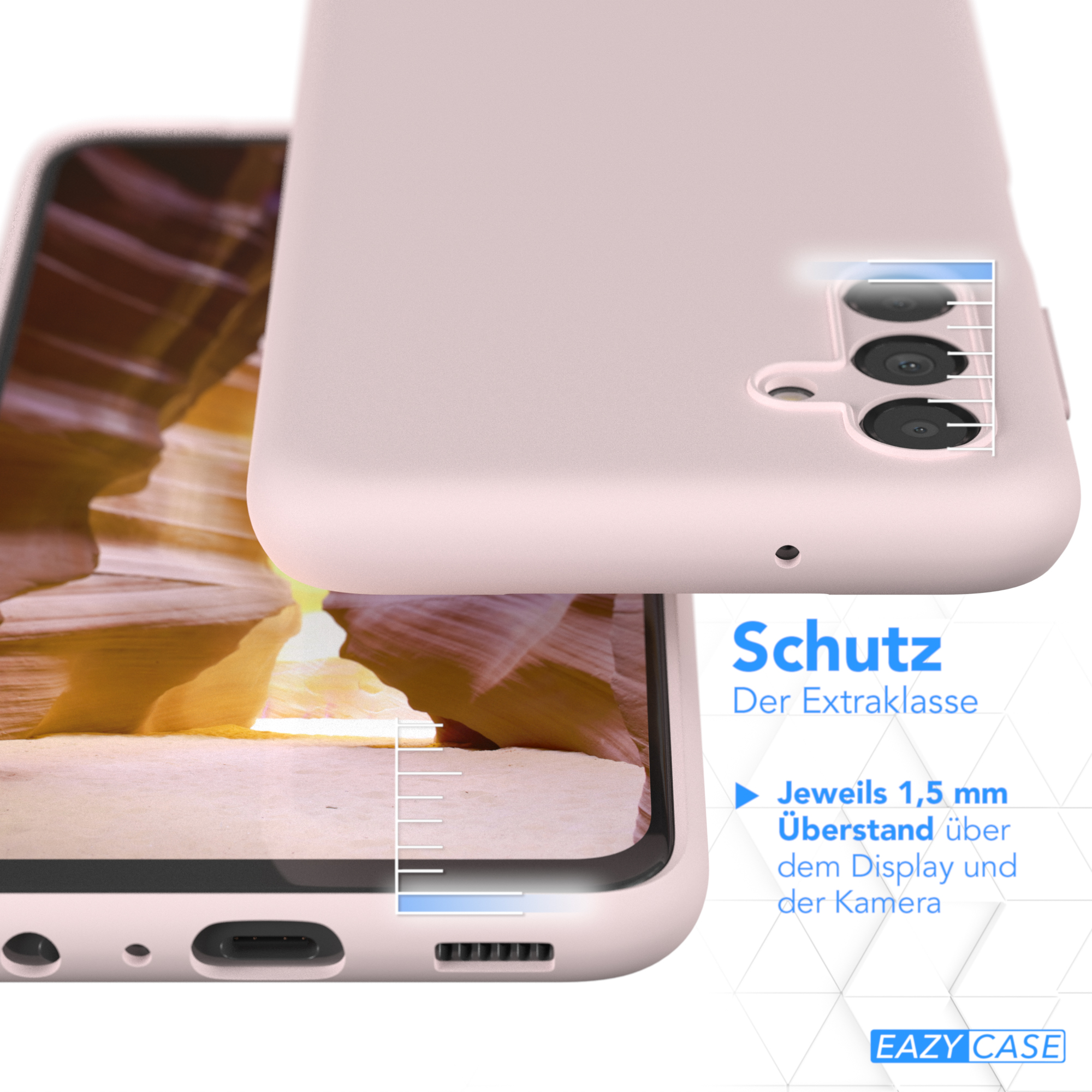 Rosa Handyhülle, mit dem Handy. Die Handyhülle liegt über dem Handy.